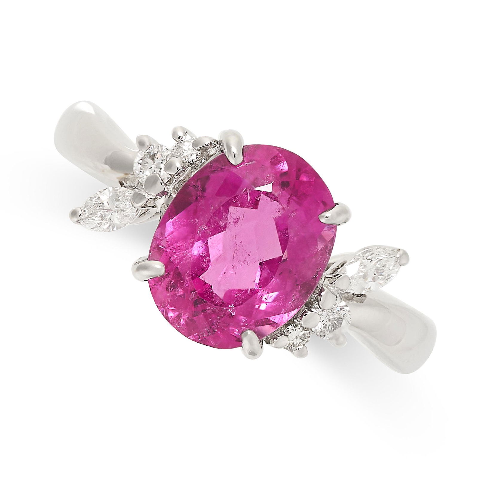 A PINK TOURMALINE AND DIAMOND RING in platinum, set with an oval cut pink tourmaline of 2.02 carats, (1 of 1)