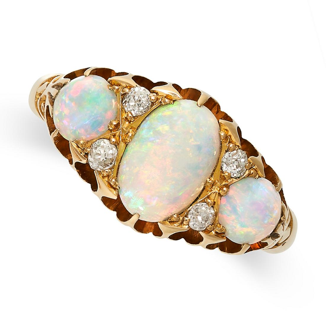 AN ANTIQUE VICTORIAN OPAL AND DIAMOND RING, 1897 in 18ct yellow gold, set with three graduated (1 of 1)
