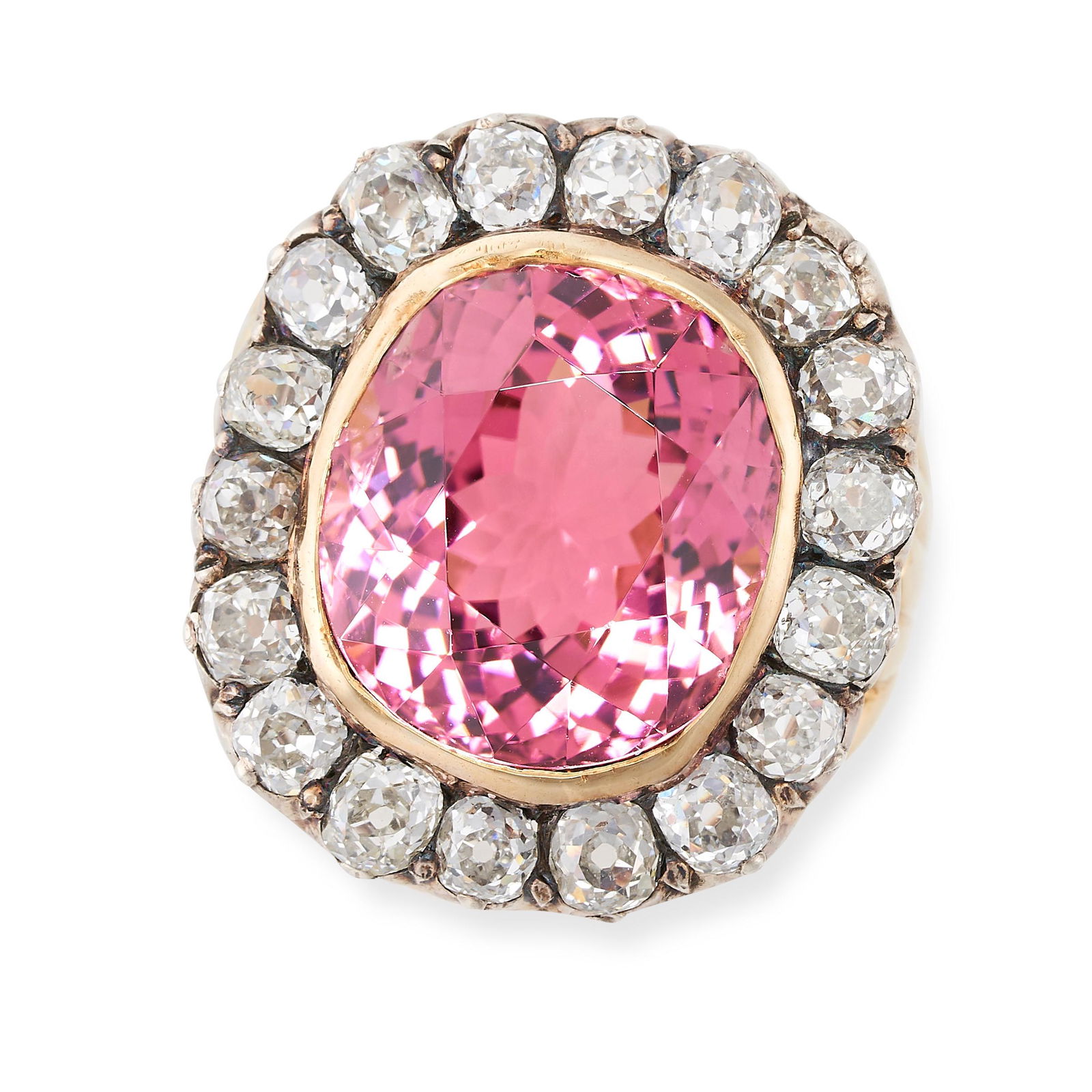 A FINE ANTIQUE PINK TOURMALINE AND DIAMOND RING, 19TH CENTURY in yellow gold and silver, set with a (1 of 2)