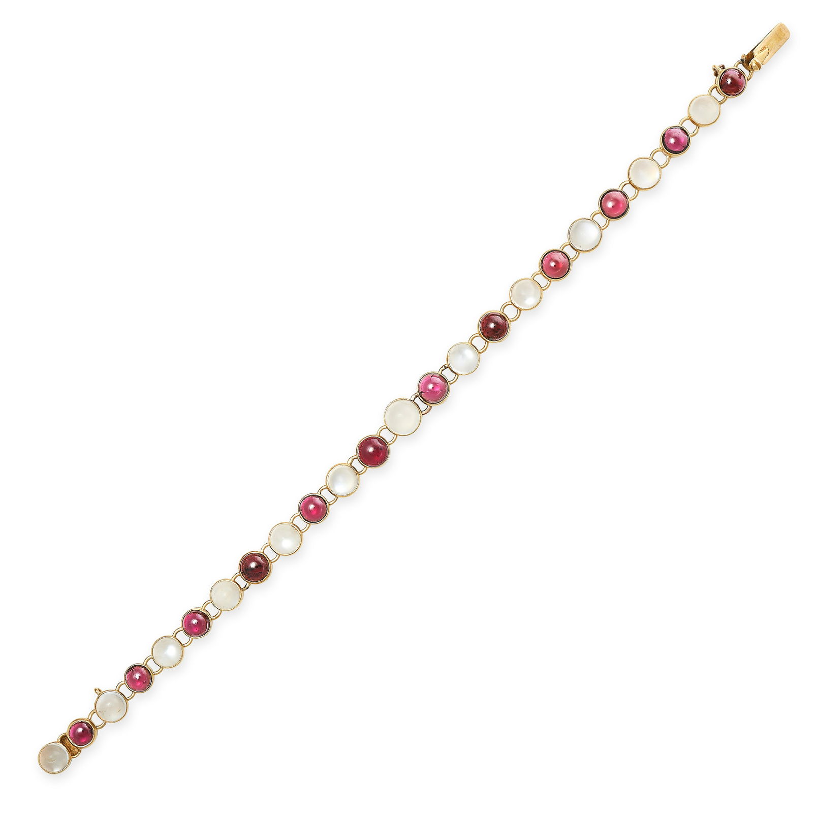 A VINTAGE MOONSTONE AND GARNET BRACELET in 18ct yellow gold, set with a row of alternating cabochon: A VINTAGE MOONSTONE AND GARNET BRACELET in 18ct yellow gold, set with a row of alternating cabochon moonstones and almandine garnets, stamped 18C, 19.0cm, 10.8g.