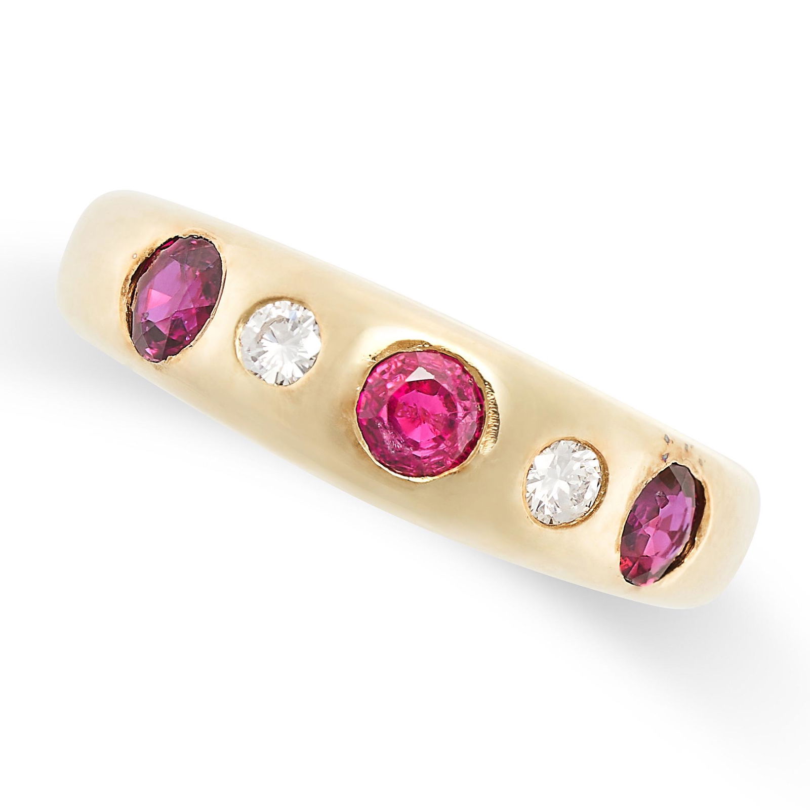 A VINTAGE RUBY AND DIAMOND GYPSY RING in 14ct yellow gold, set with three round cut rubies and two (1 of 2)