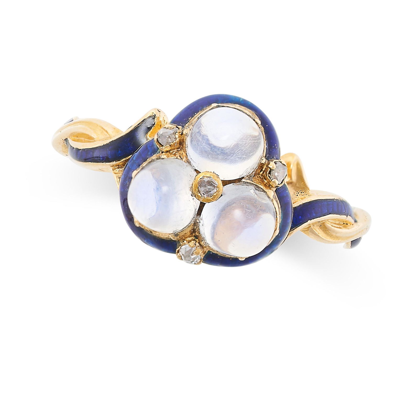 AN ANTIQUE MOONSTONE, ENAMEL AND DIAMOND RING in yellow gold, set with three cabochon moonstones (1 of 2)