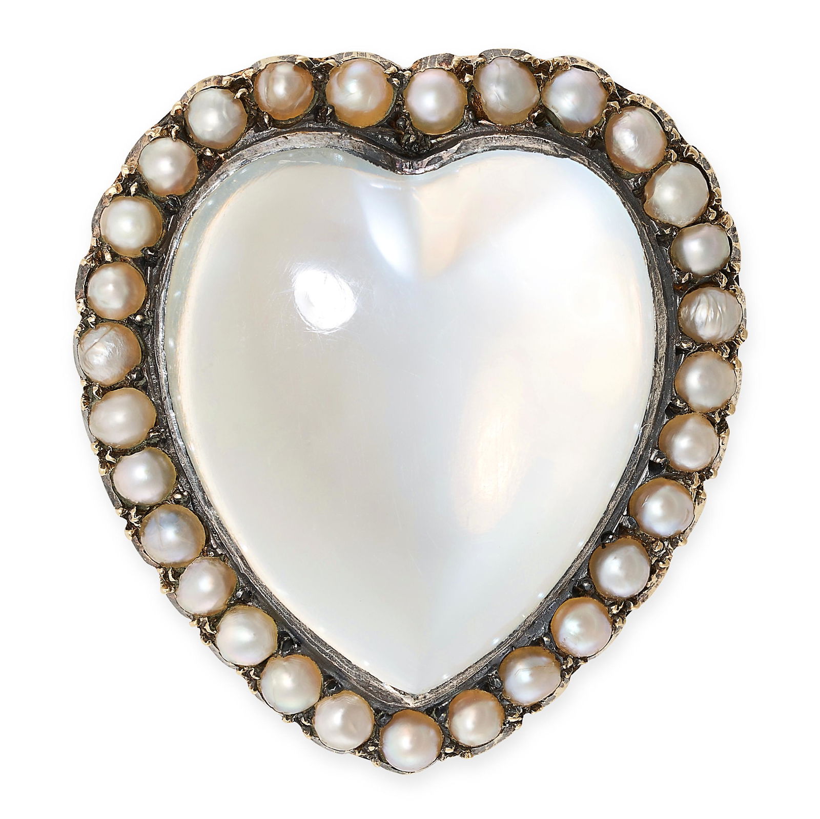 AN ANTIQUE MOONSTONE AND PEARL SWEETHEART BROOCH, 19TH CENTURY in yellow gold and silver, set with a (1 of 1)