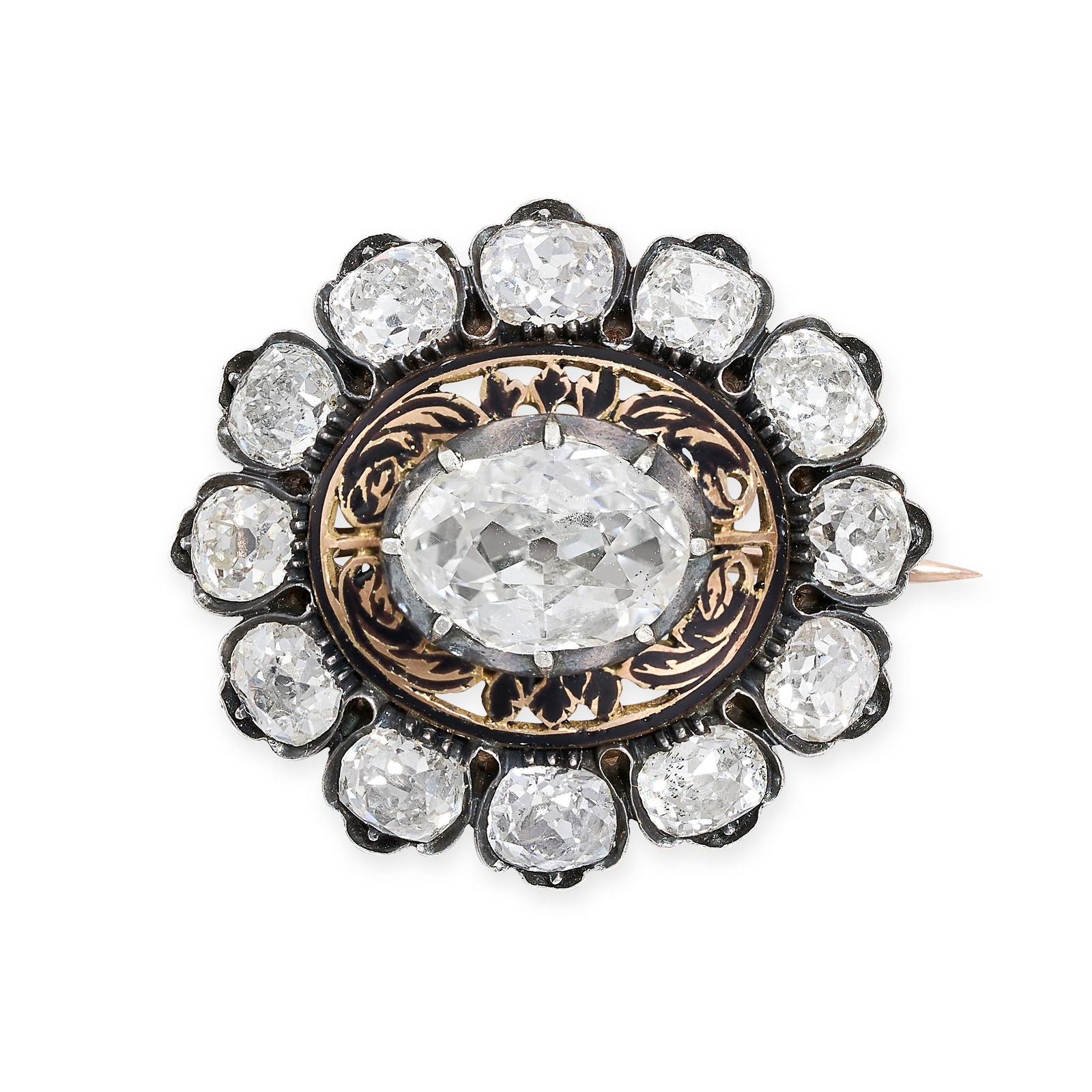 A FINE ANTIQUE DIAMOND AND ENAMEL BROOCH, 19TH CENTURY in yellow gold and silver, set to the centre (1 of 1)