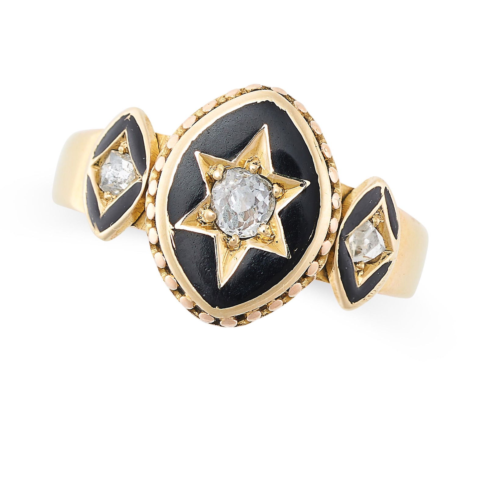 AN ANTIQUE DIAMOND AND ENAMEL RING in 15ct yellow gold, the oval face with central star motif set (1 of 2)