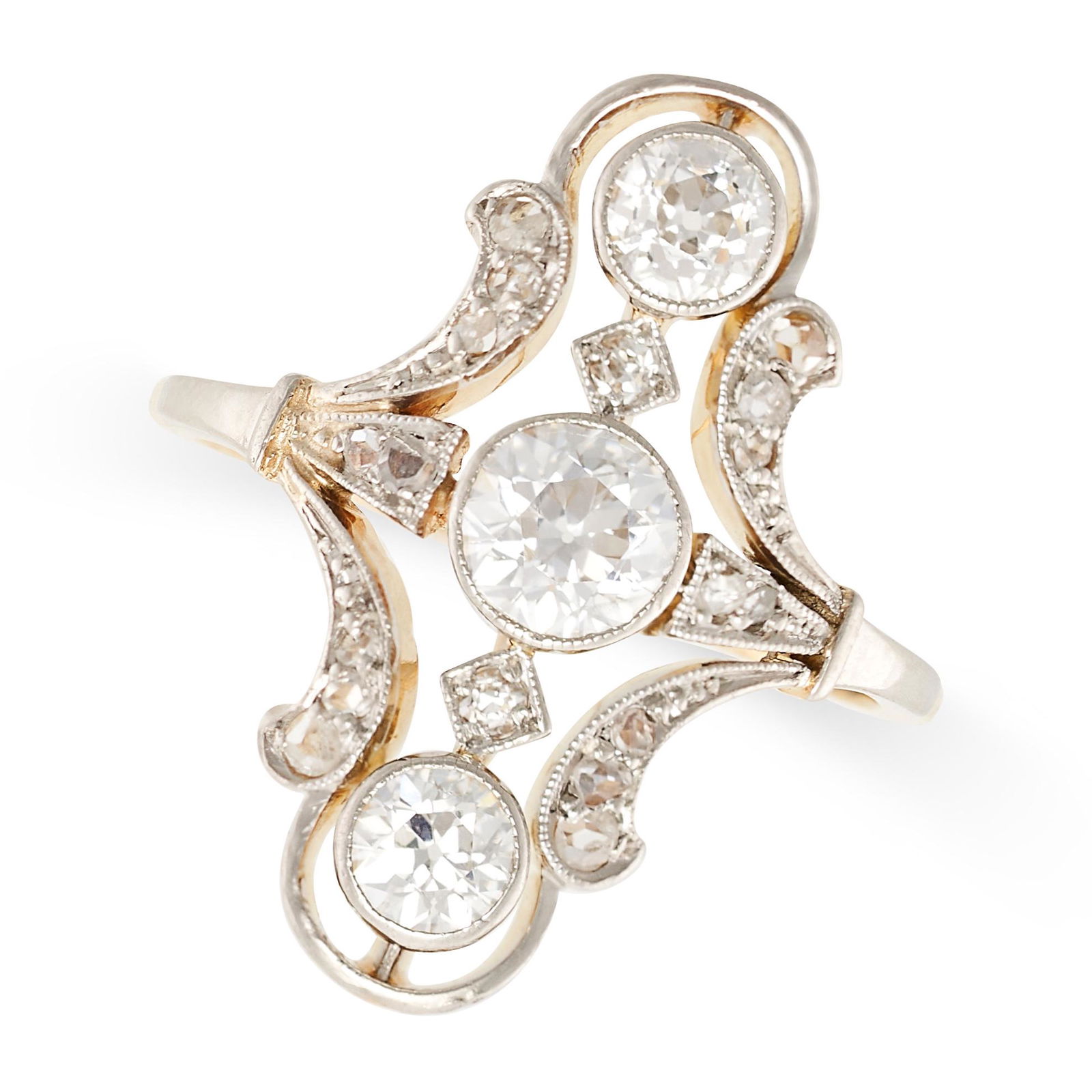 A FINE ANTIQUE DIAMOND DRESS RING, EARLY 20TH CENTURY in yellow gold and platinum, the scrolling (1 of 2)