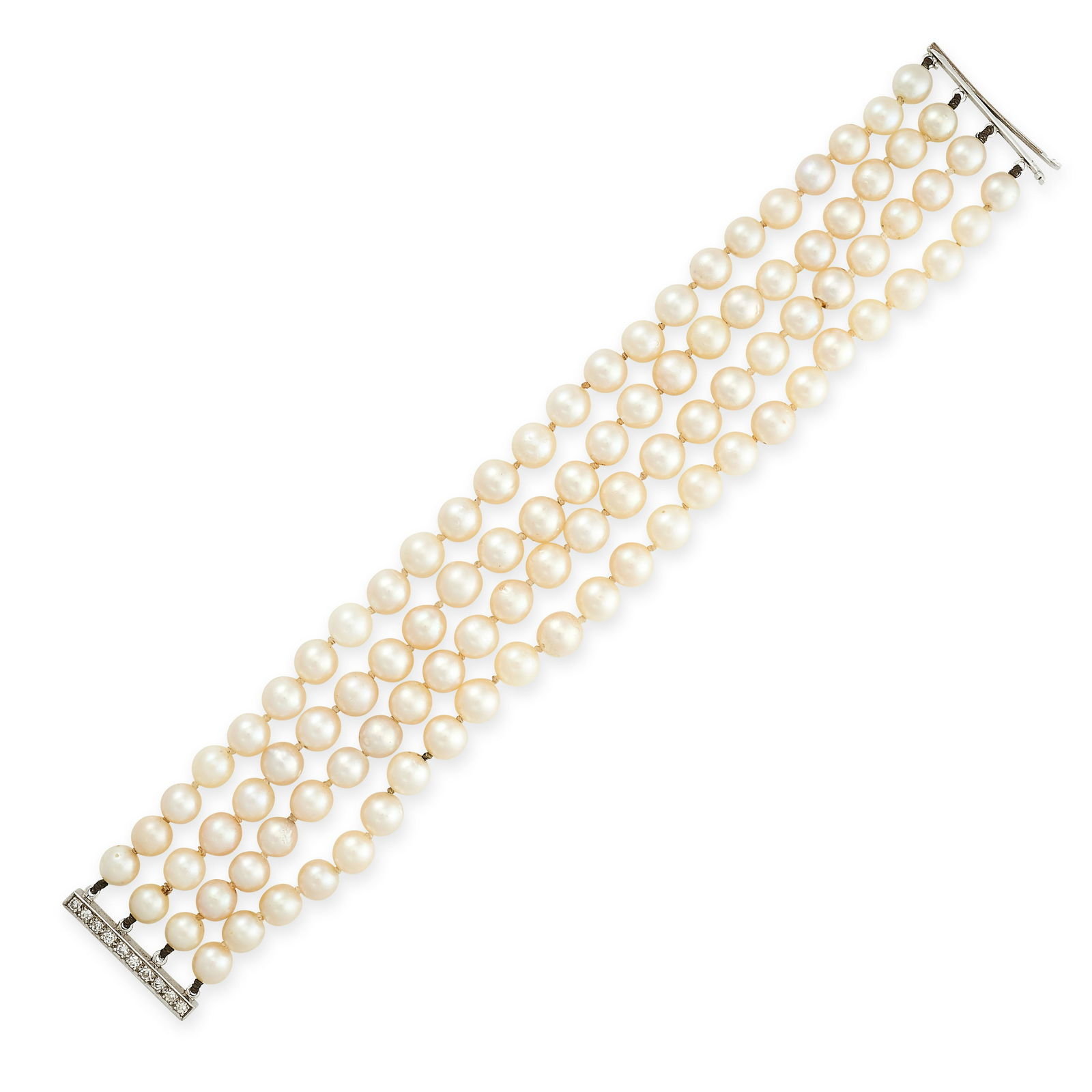 A PEARL AND DIAMOND BRACELET in 18ct white gold, comprising of four rows of pearls, the clasp set (1 of 1)