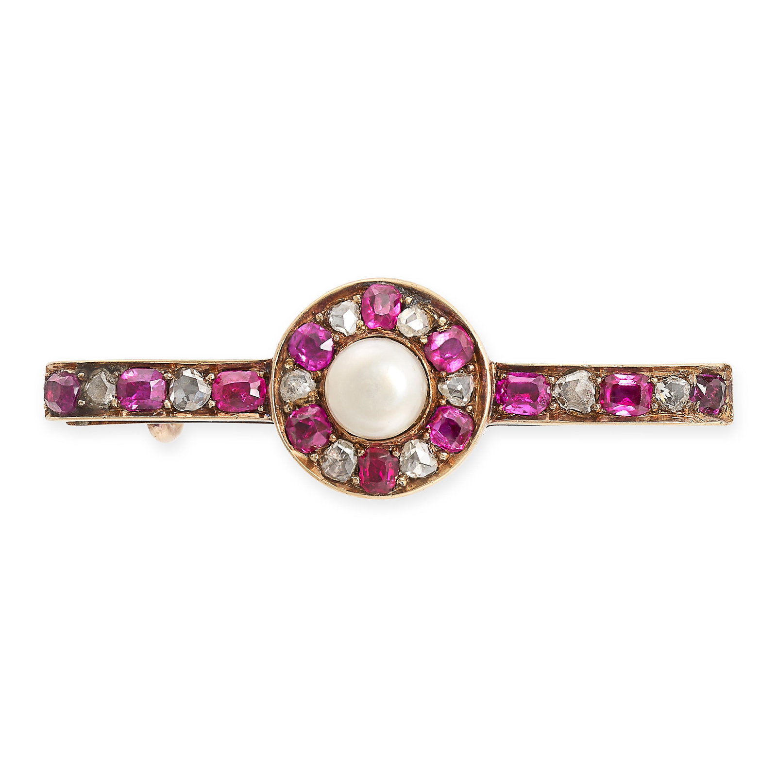 AN ANTIQUE RUBY, DIAMOND AND PEARL BAR BROOCH in yellow gold, set with a pearl of 4.9mm within a: AN ANTIQUE RUBY, DIAMOND AND PEARL BAR BROOCH in yellow gold, set with a pearl of 4.9mm within a circular border of alternating cushion cut rubies and rose cut diamonds, the bar similarly set with rub