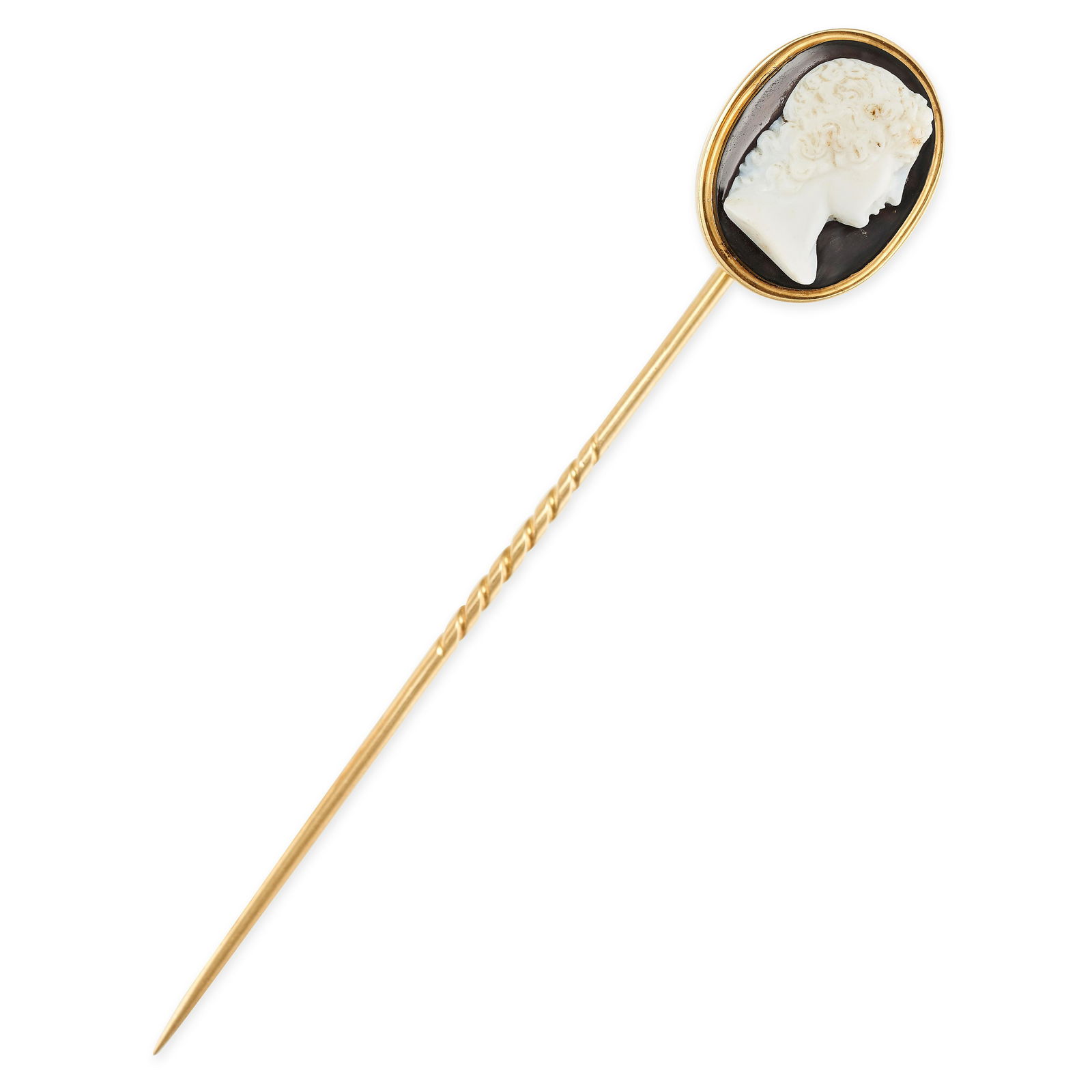 AN ANTIQUE HARDSTONE CAMEO TIE / STICK PIN BROOCH, 19TH CENTURY in yellow gold, the pin terminated (1 of 1)