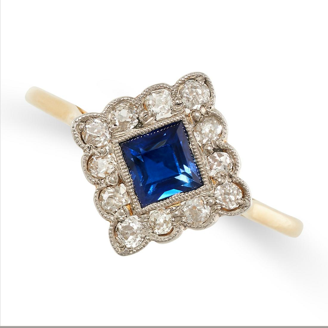 AN ART DECO SAPPHIRE AND DIAMOND RING in 18ct yellow and white gold, set with a square step cut (1 of 2)