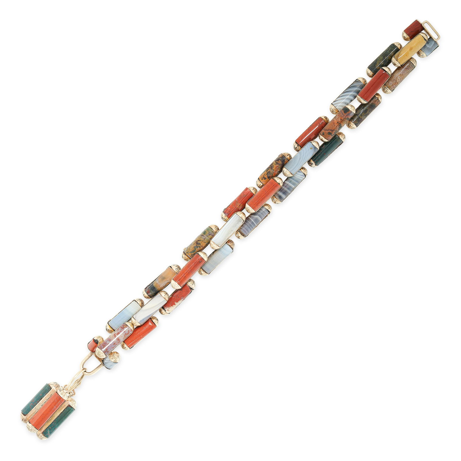 AN ANTIQUE VICTORIAN SCOTTISH HARDSTONE BRACELET in yellow gold, comprising a series of baton shaped (1 of 1)
