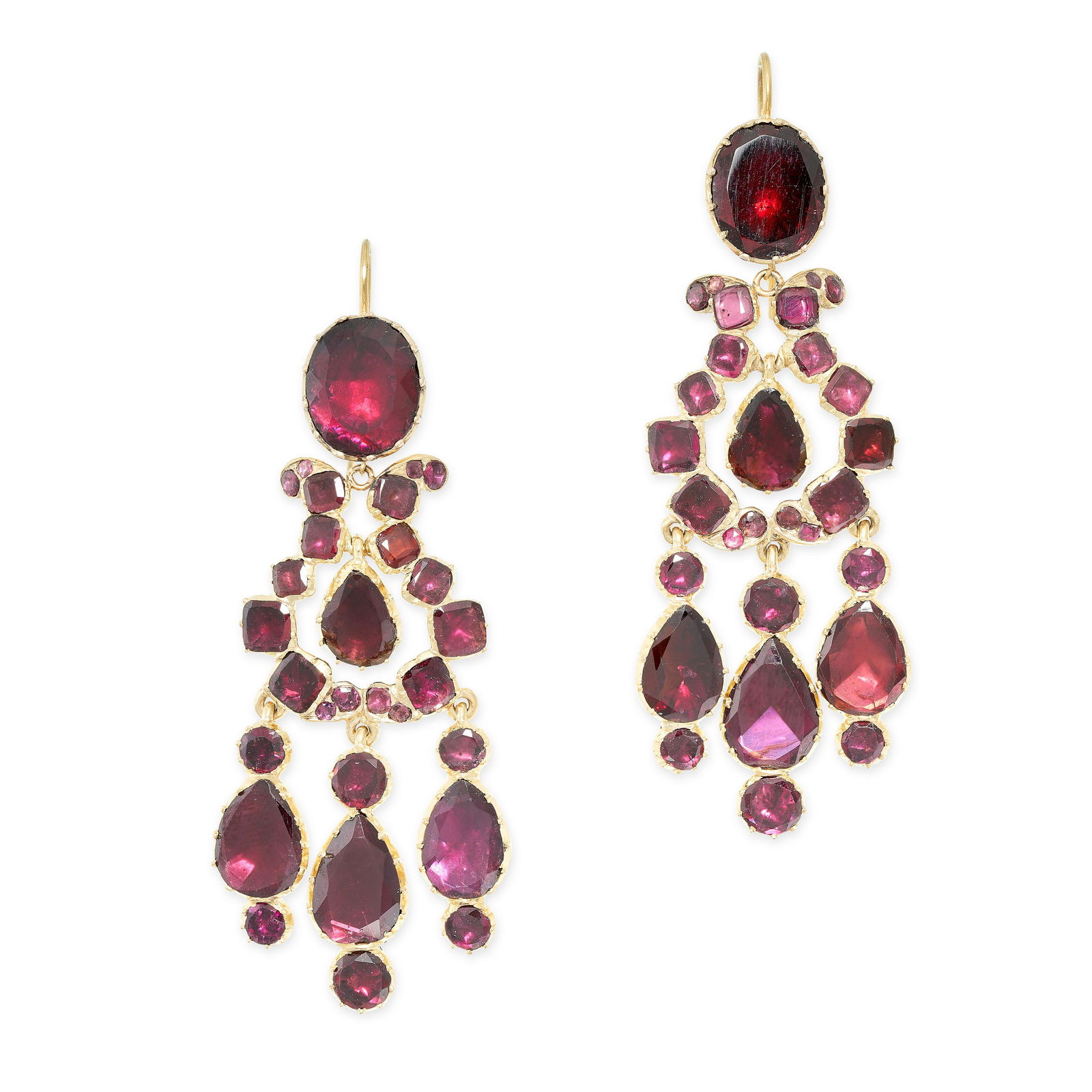 A PAIR OF FINE ANTIQUE GARNET CHANDELIER EARRINGS, 19TH CENTURY in yellow gold, each set with square (1 of 1)