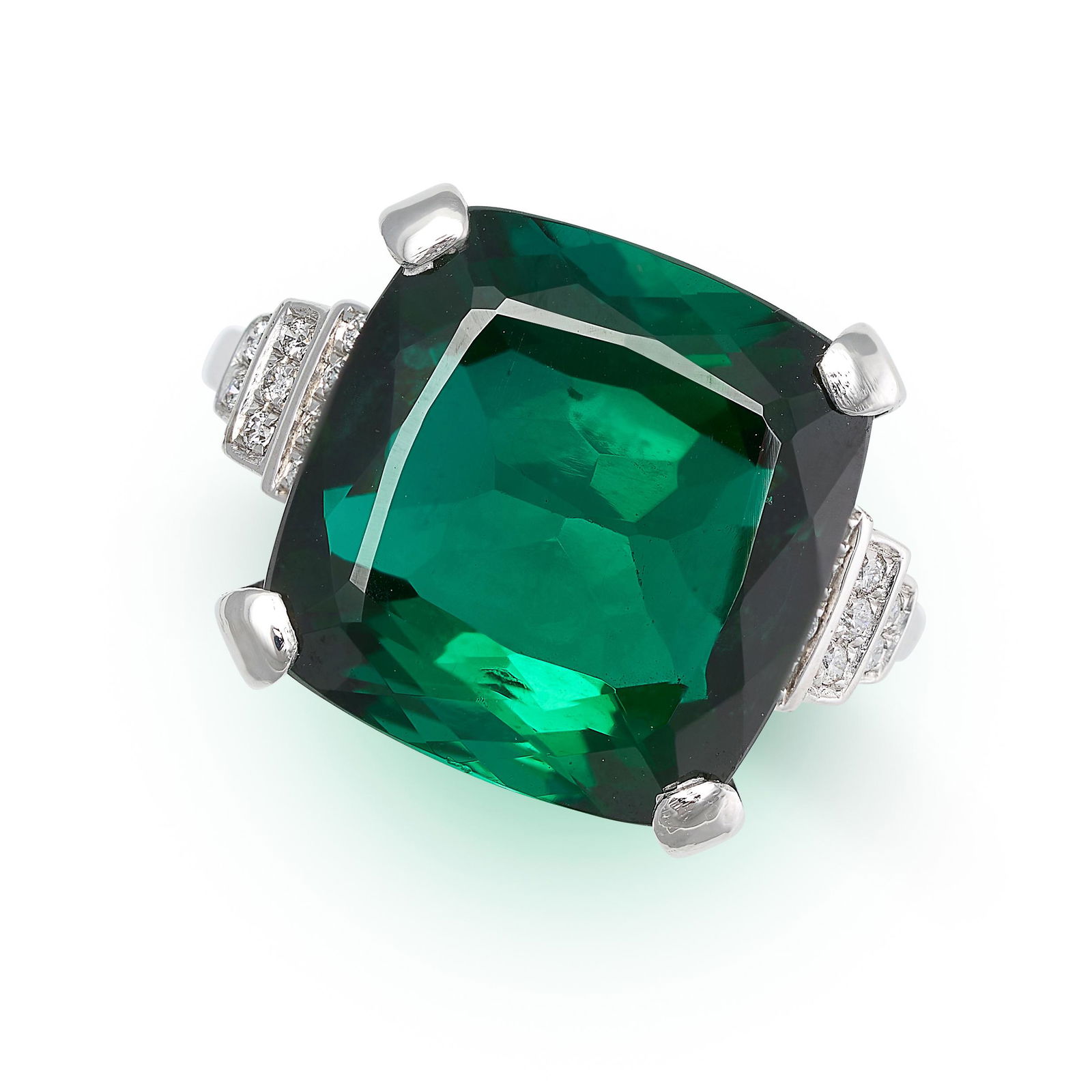 A GREEN TOURMALINE AND DIAMOND RING set with a cushion cut green tourmaline of 13.47 carats, the (1 of 2)