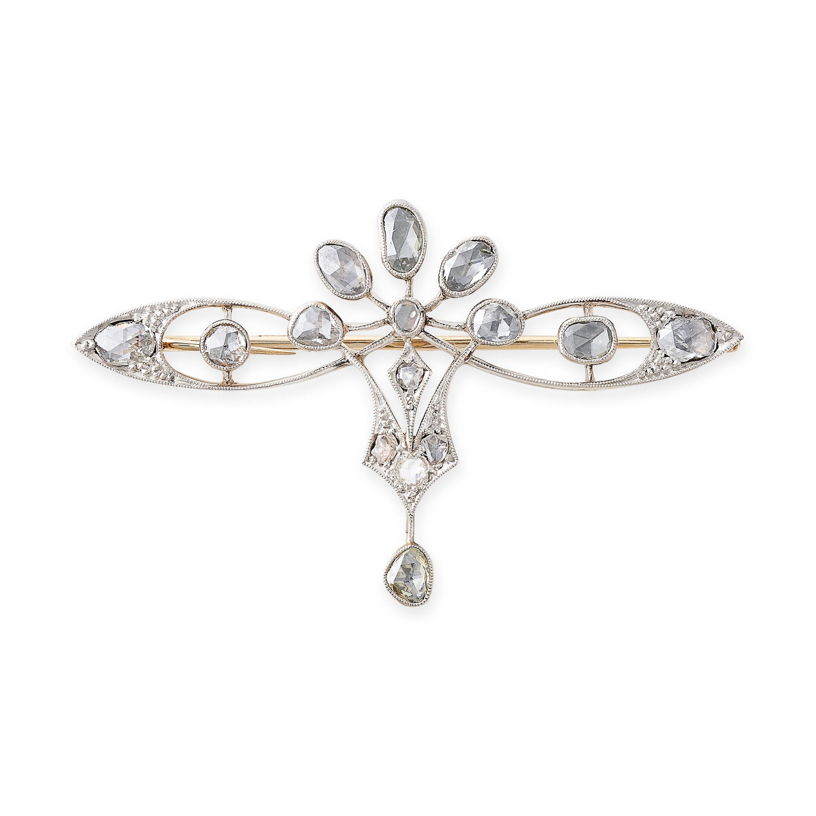 A DIAMOND BROOCH, EARLY 20TH CENTURY in 14ct yellow gold and platinum, the scrolling body set with a (1 of 1)