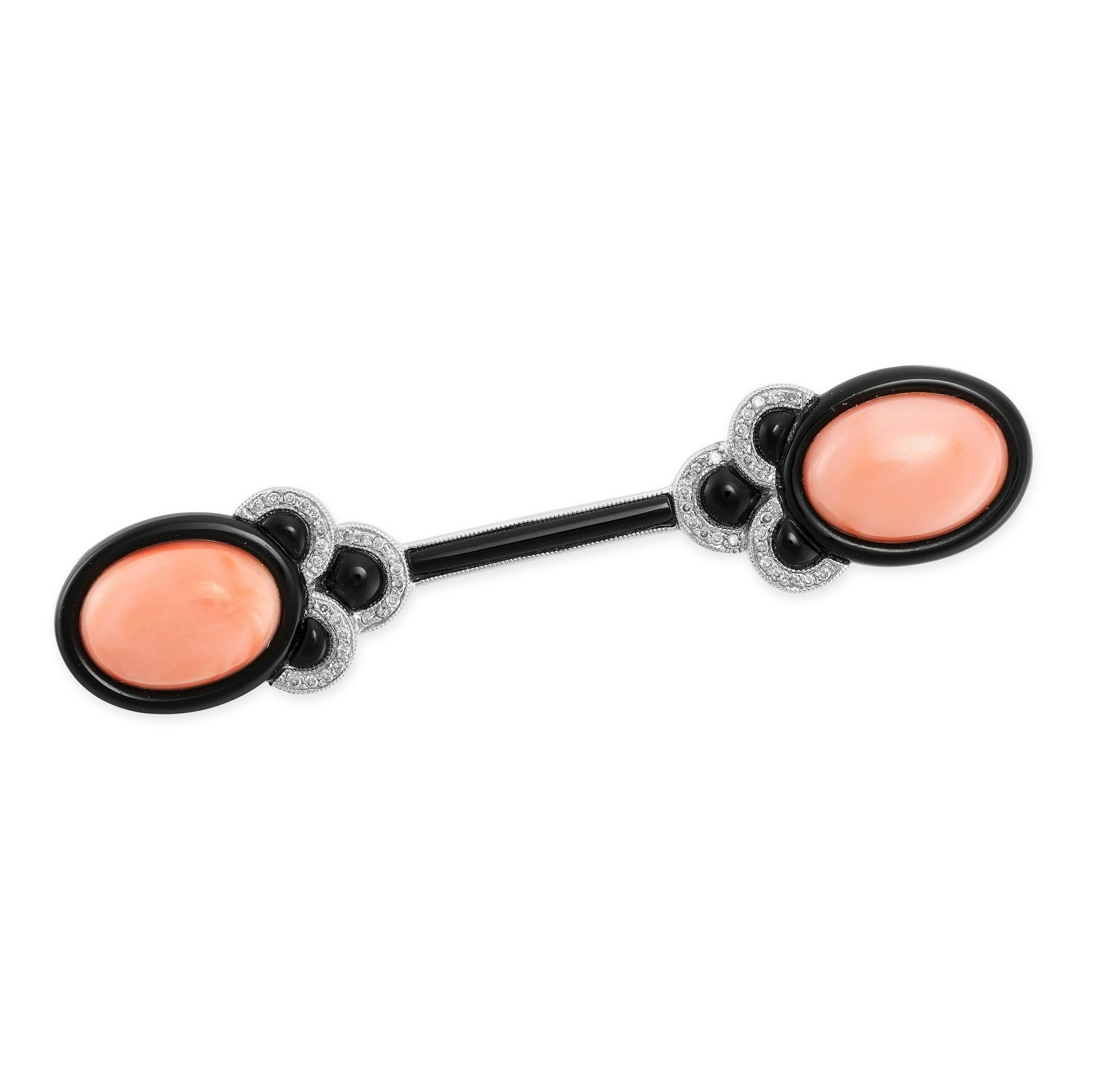 A CORAL, ONYX AND DIAMOND BROOCH in 18ct white gold, the body terminated at either end by an oval (1 of 1)