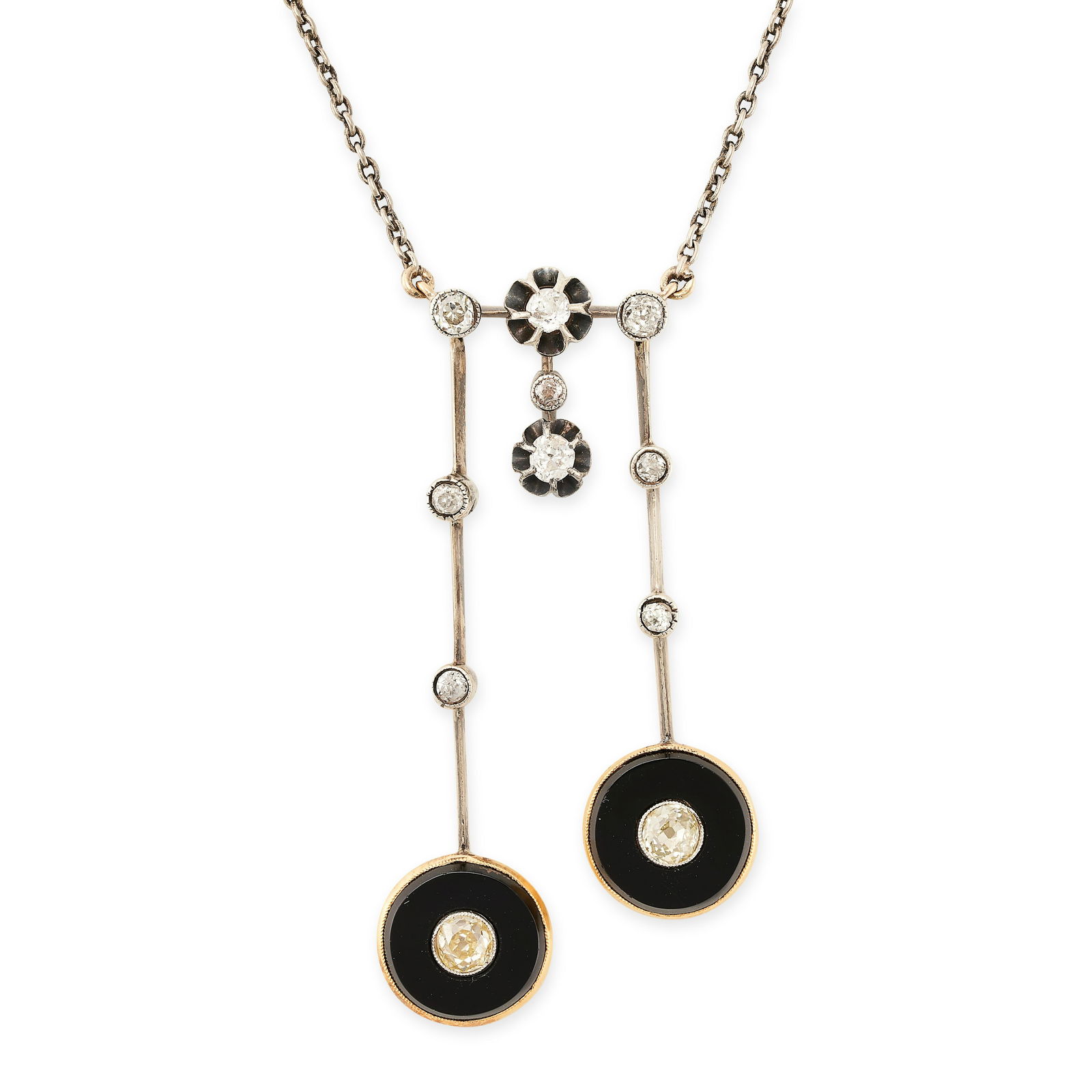 AN ART DECO ONYX AND DIAMOND NEGLIGEE NECKLACE in 18ct yellow gold and silver, the trace link chain (1 of 1)