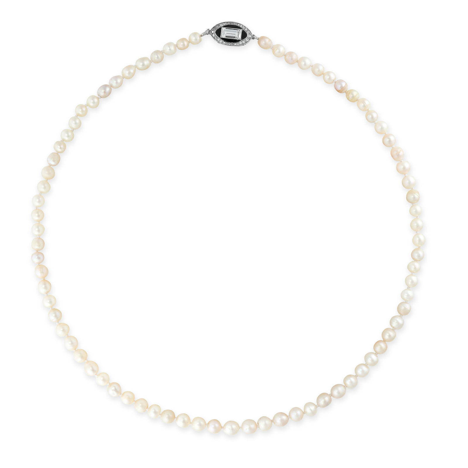 A FINE NATURAL PEARL, DIAMOND AND ONYX NECKLACE comprising a single row of pearls ranging from (1 of 1)