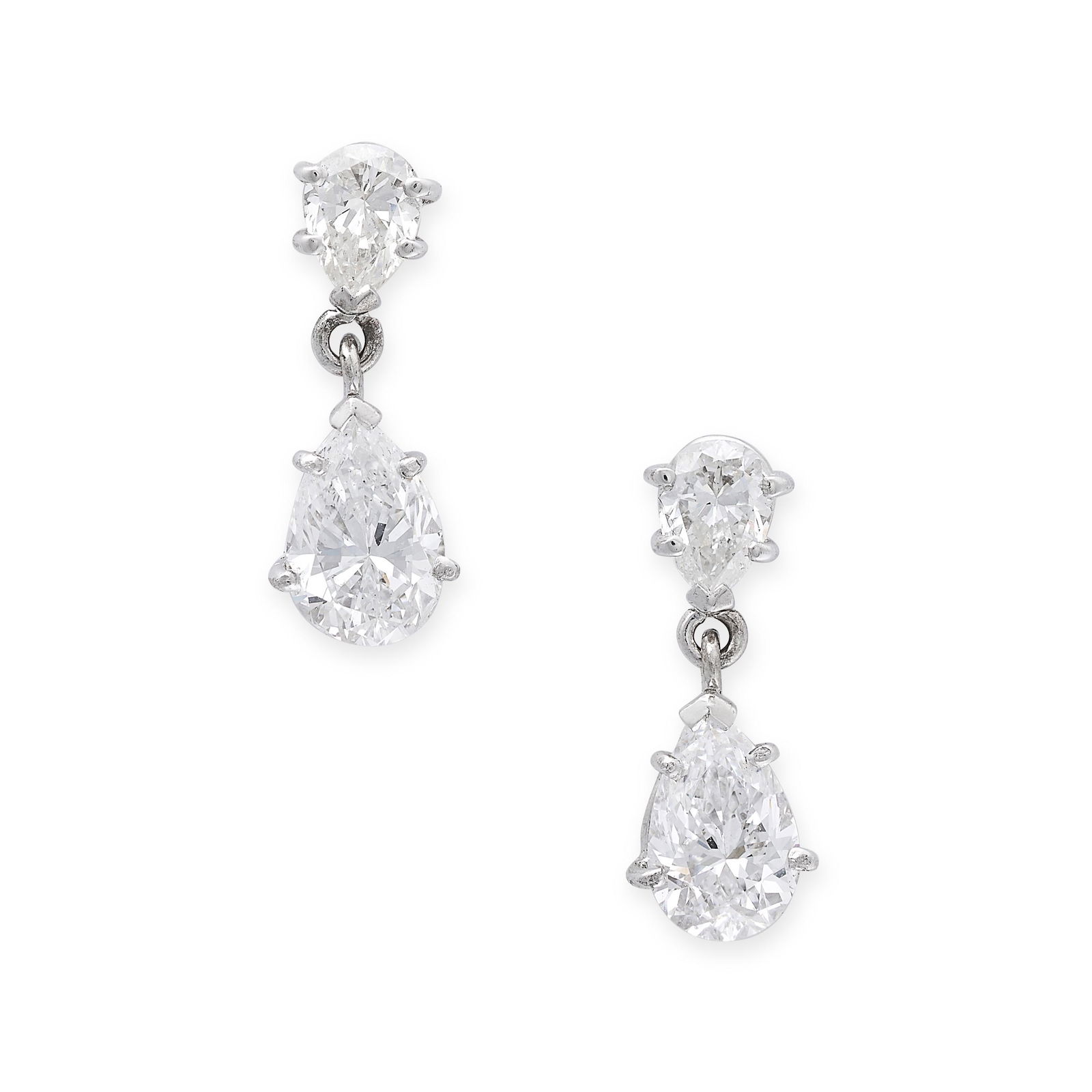 A PAIR OF DIAMOND DROP EARRINGS in 18ct white gold, each set with a pear cut diamond suspending a (1 of 1)