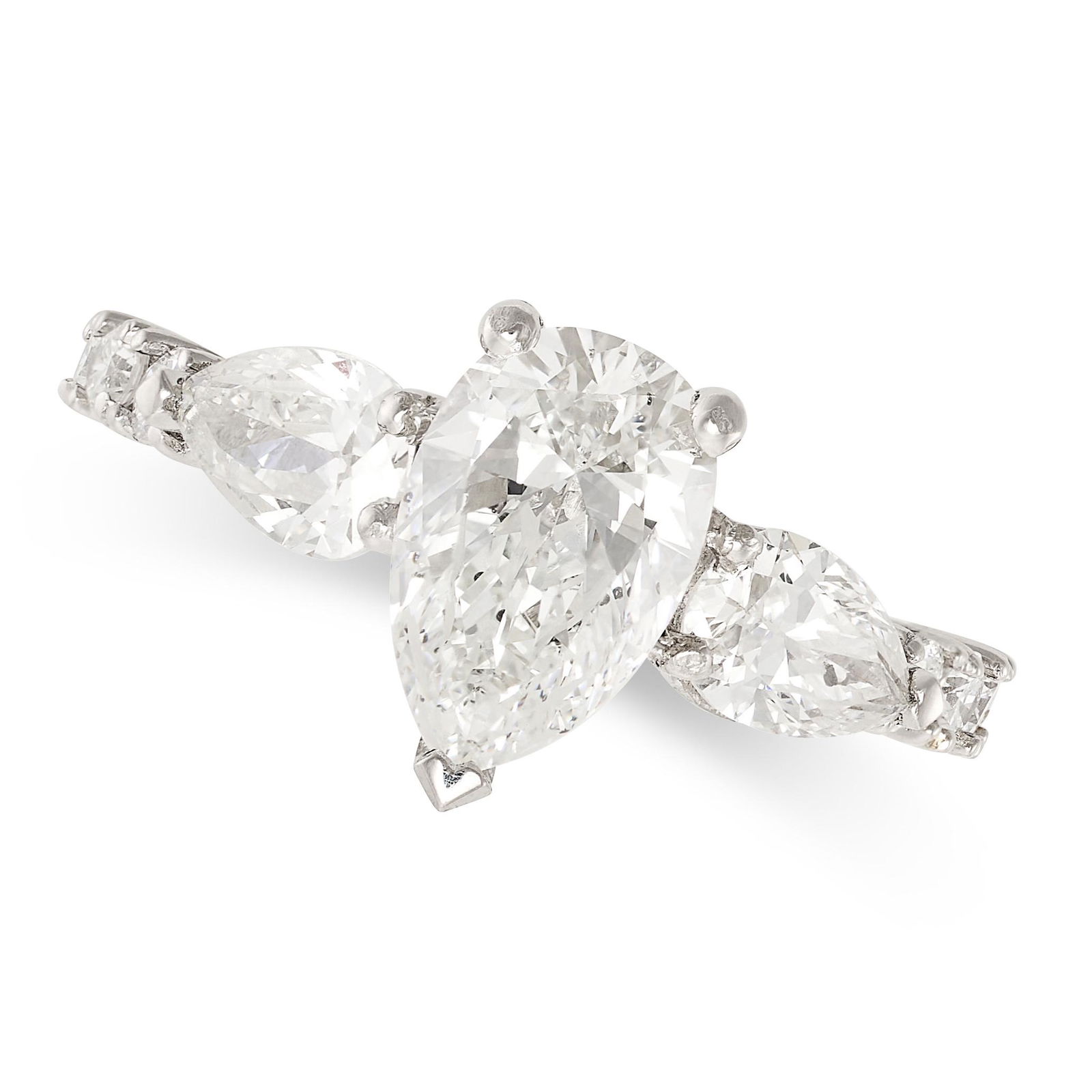 A SOLITAIRE DIAMOND ENGAGEMENT RING in platinum, set with a central pear shaped brilliant cut diamon (1 of 2)