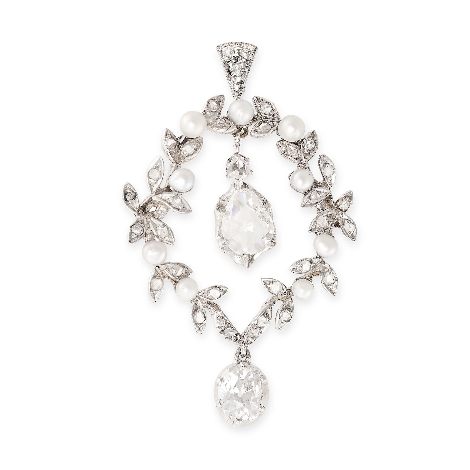 A BELLE EPOQUE DIAMOND AND PEARL PENDANT in platinum, designed as a wreath set with pearls and rose (1 of 1)