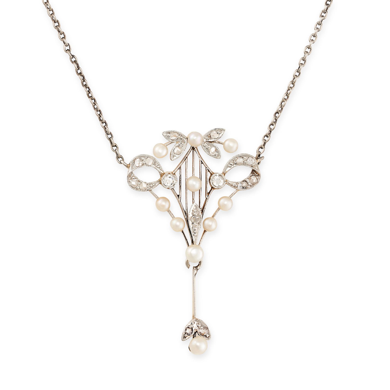 A BELLE EPOQUE PEARL AND DIAMOND PENDANT NECKLACE in platinum, the pendant set with pearls accented (1 of 1)