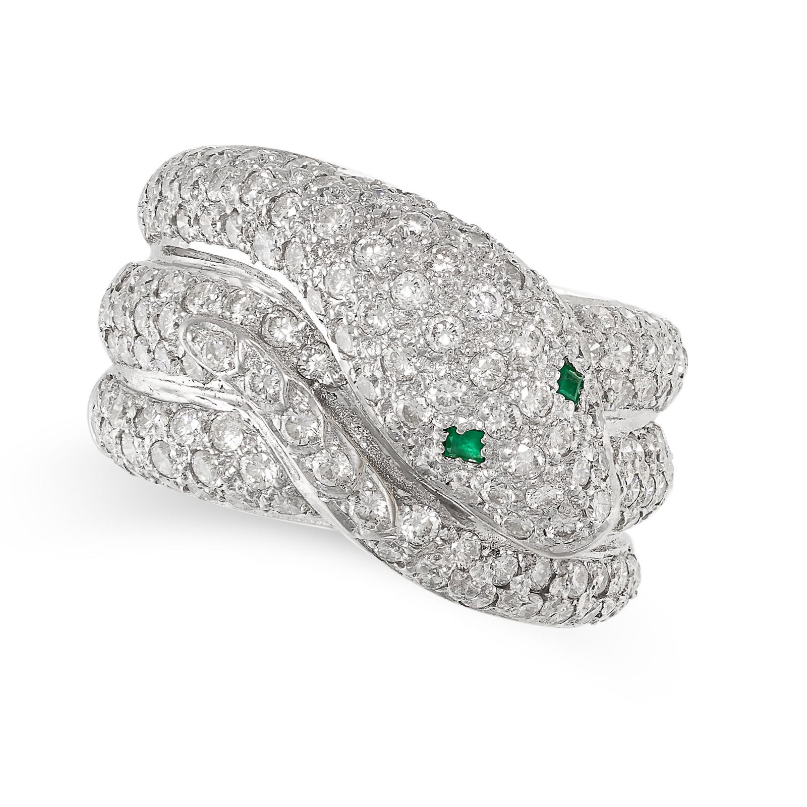 A DIAMOND AND EMERALD SNAKE RING in the form of a snake coiled around itself, set with round (1 of 1)