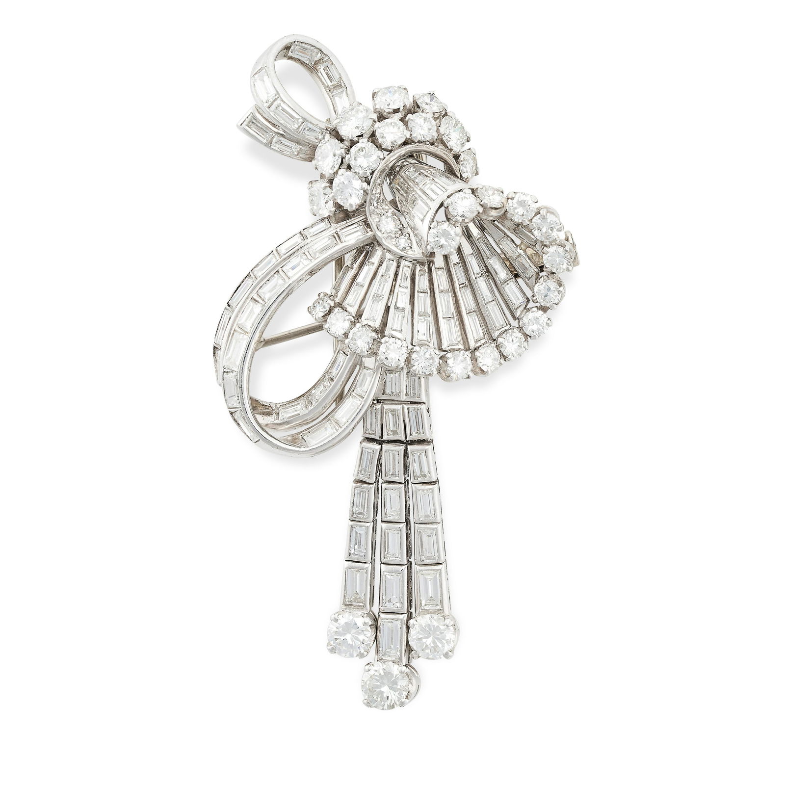 A VINTAGE DIAMOND BROOCH of scrolling design, set with round brilliant cut and baguette cut (1 of 1)