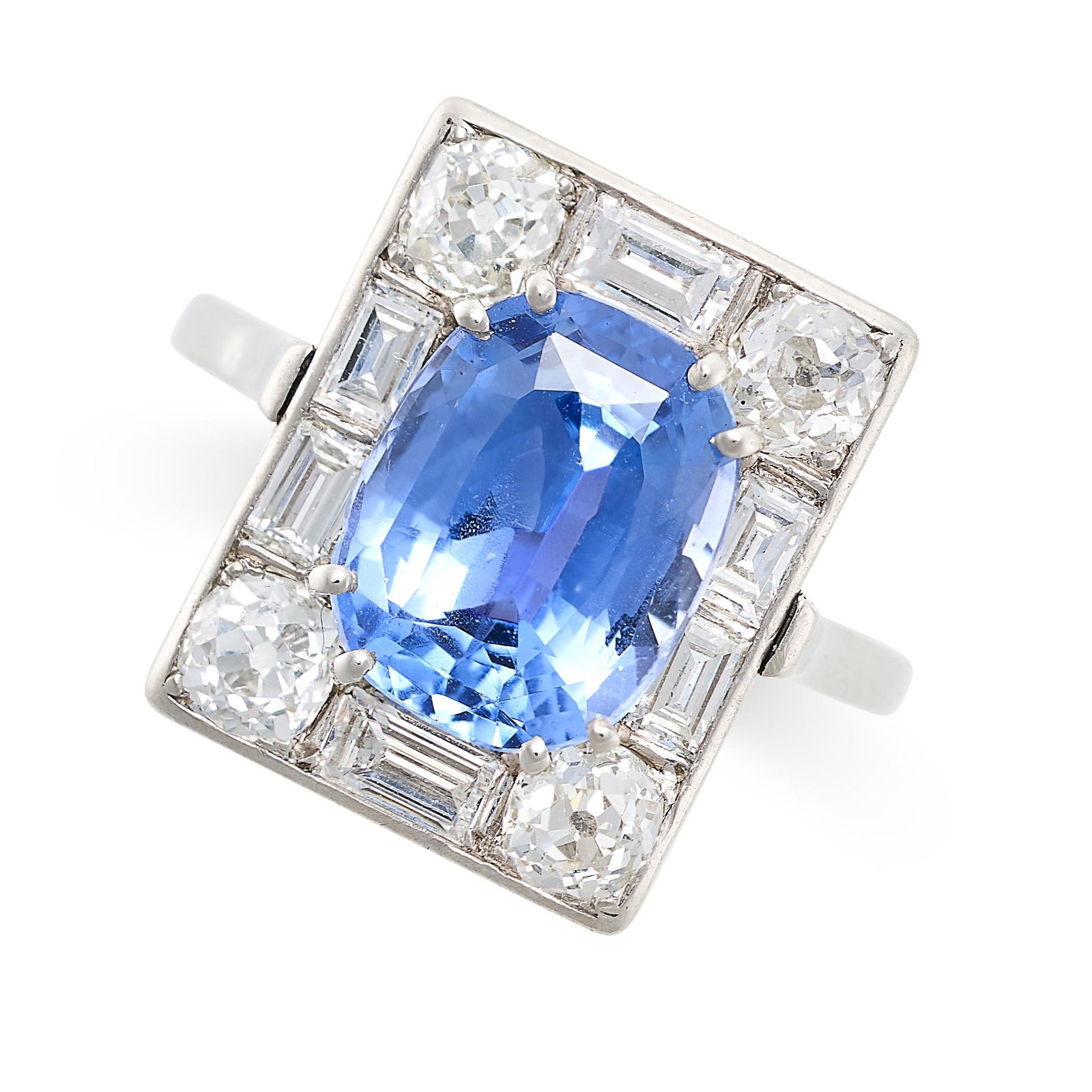 A CEYLON NO HEAT SAPPHIRE AND DIAMOND DRESS RING set with a cushion cut blue sapphire of 4.10 (1 of 2)