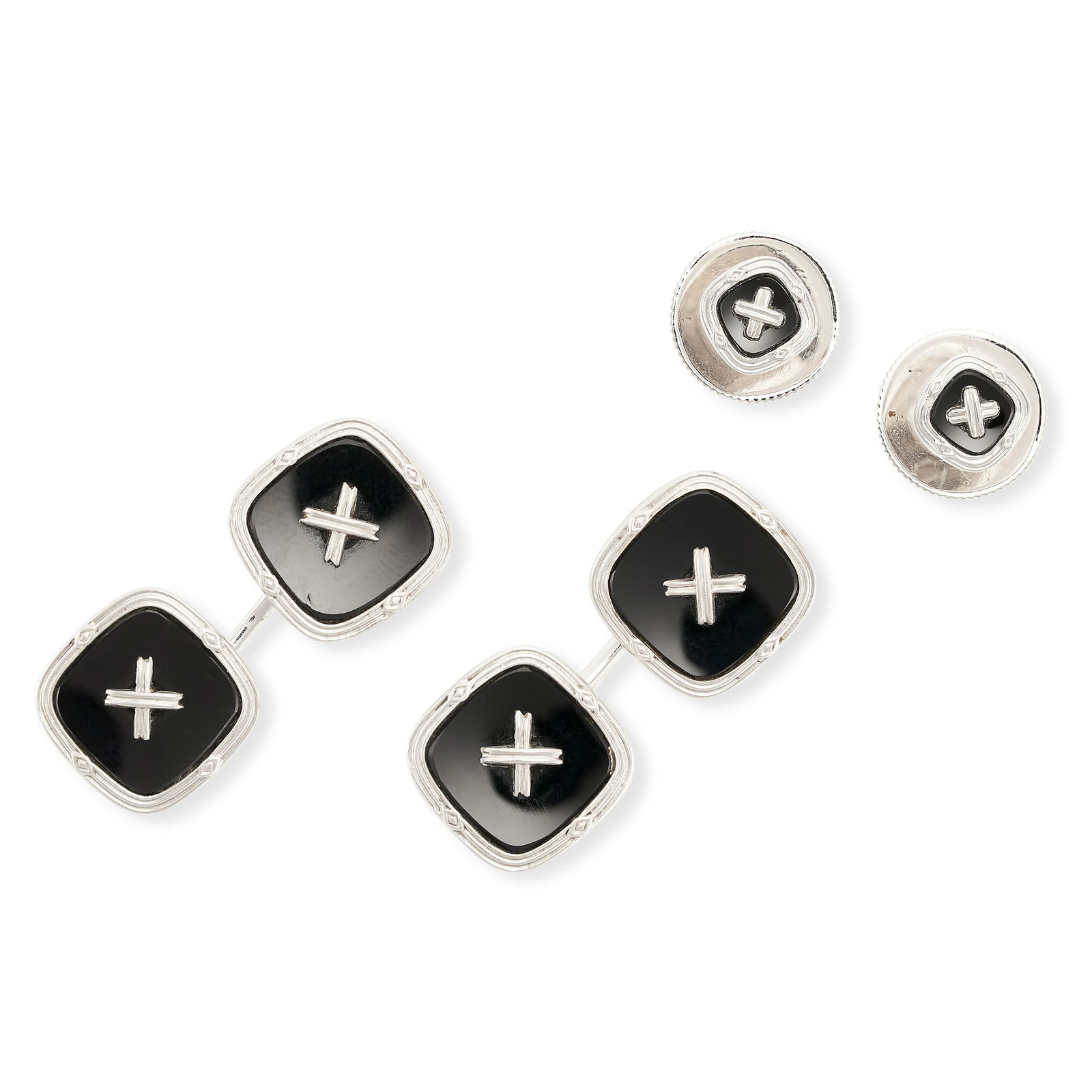 AN ONYX GENTLEMAN'S DRESS SET in 9ct white gold, comprising a pair of cufflinks and a pair of studs, (1 of 1)