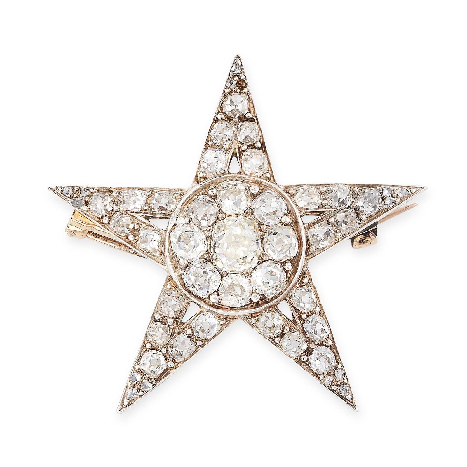 AN ANTIQUE DIAMOND STAR BROOCH in yellow gold and silver, designed as a five rayed star, set (1 of 1)