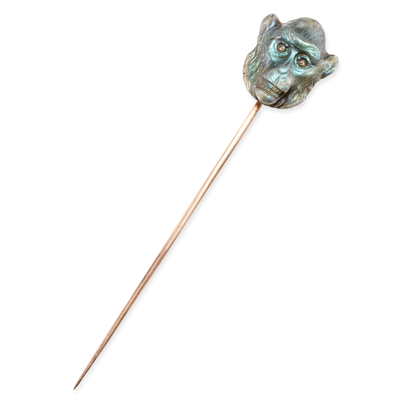 AN ANTIQUE LABRADORITE AND DIAMOND MONKEY STICK PIN in yellow gold, the labradorite carved to depict (1 of 1)