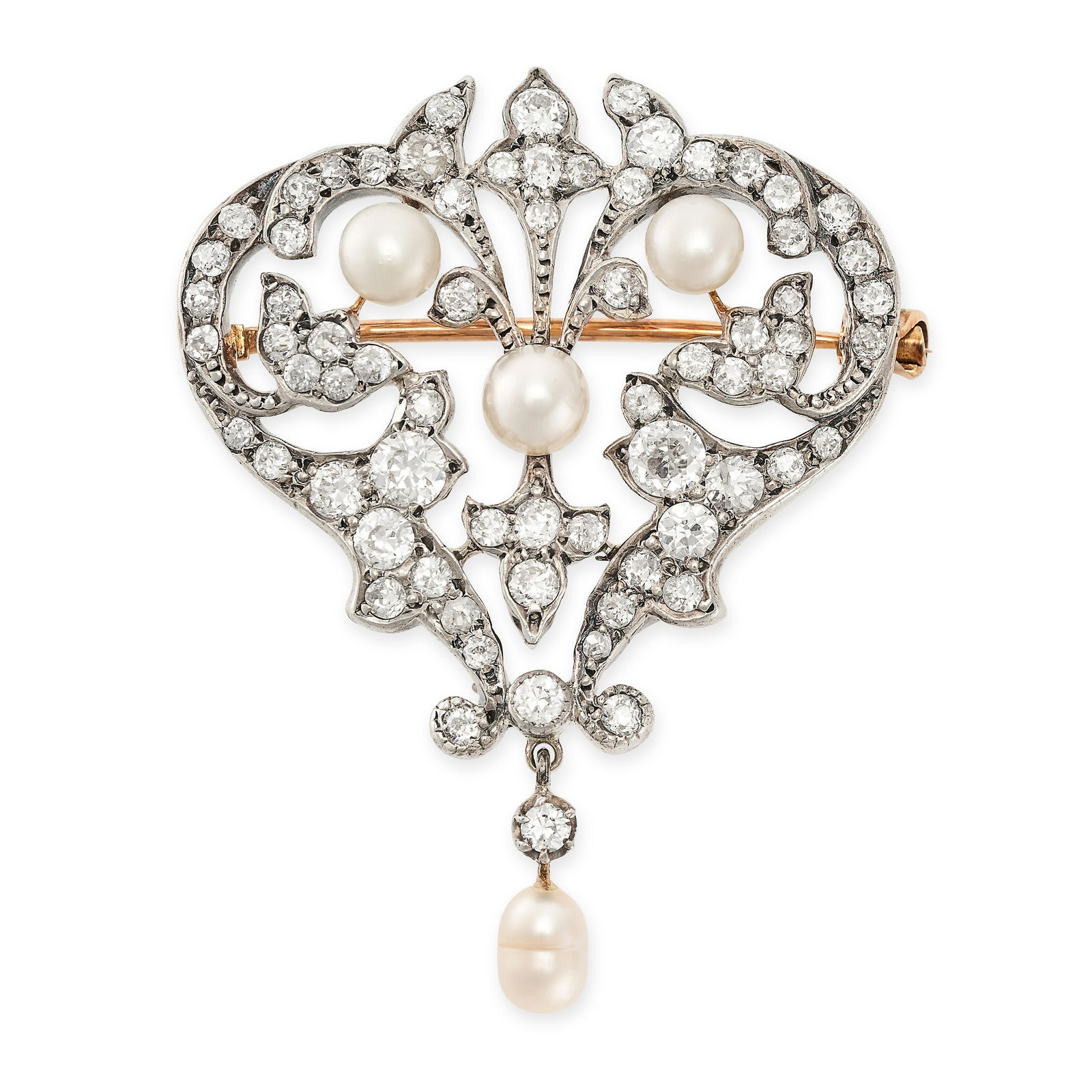 AN ANTIQUE NATURAL PEARL AND DIAMOND BROOCH, 19TH CENTURY in yellow gold and silver, the scrolling (1 of 1)