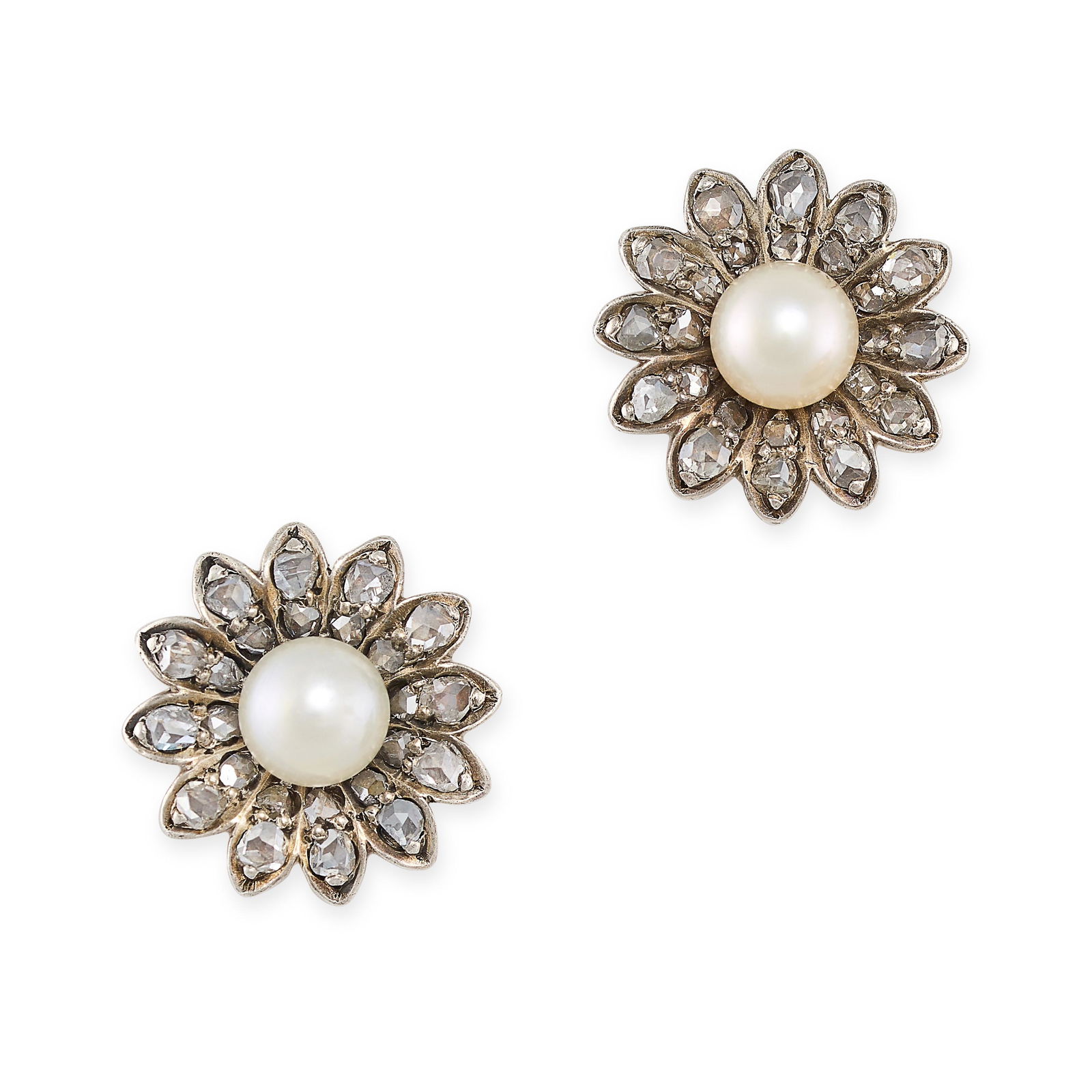 A PAIR OF ANTIQUE PEARL AND DIAMOND FLOWER STUD EARRINGS in yellow gold and silver, each set with a (1 of 1)
