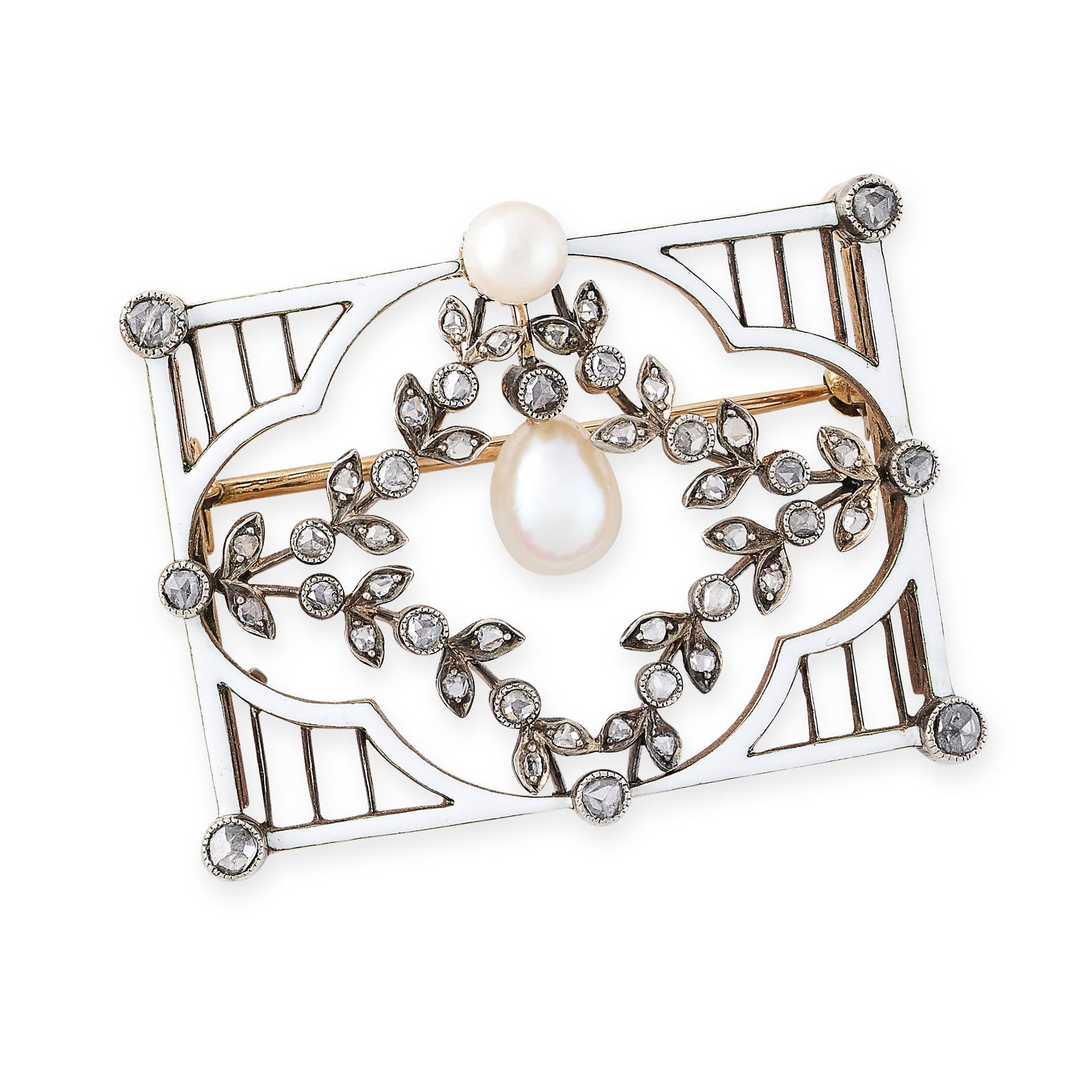 A FINE ANTIQUE AUSTRIAN ENAMEL, PEARL AND DIAMOND BROOCH in yellow gold, of rectangular design, set (1 of 1)