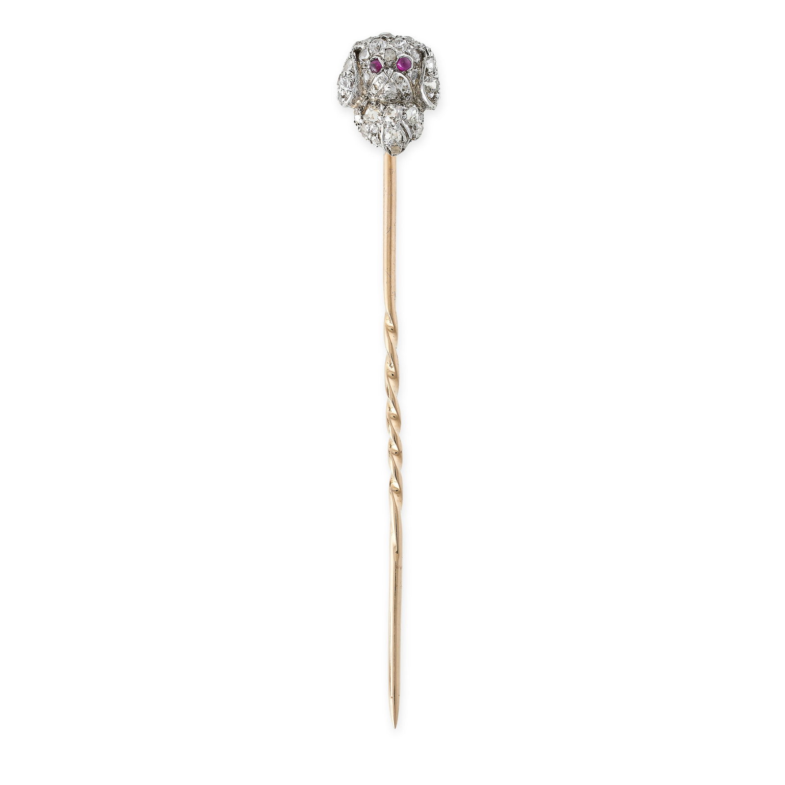 AN ANTIQUE DIAMOND AND RUBY CAVALIER KING CHARLES SPANIEL STICK PIN BROOCH in yellow gold, set (1 of 1)