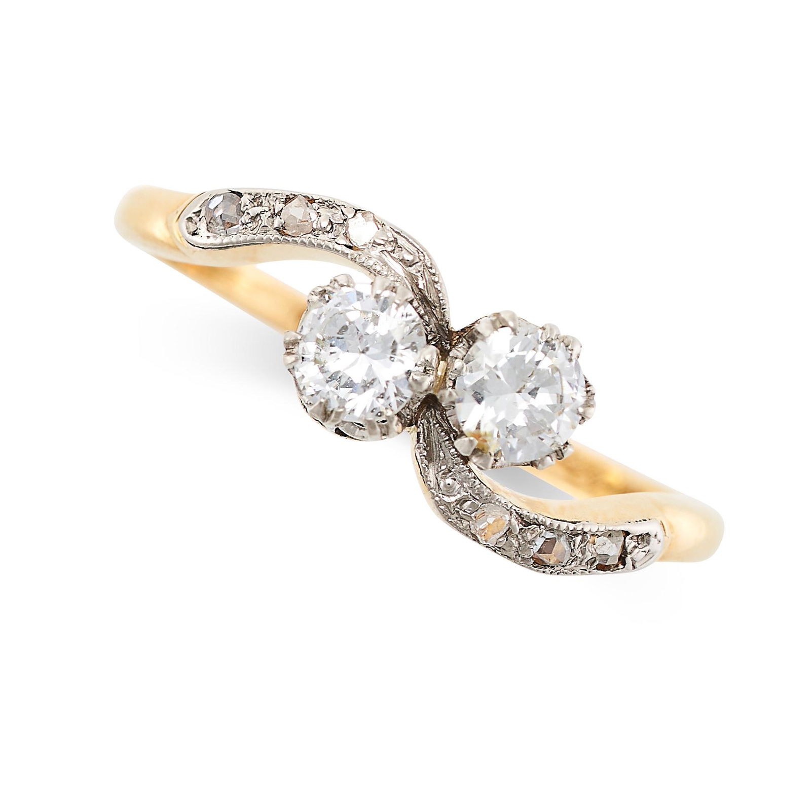 A VINTAGE DIAMOND TOI ET MOI RING in 18ct yellow gold, terminating with two round cut diamonds, with (1 of 2)