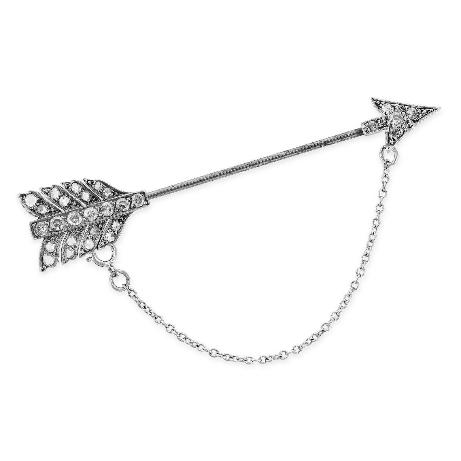 AN ART DECO DIAMOND ARROW JABOT PIN BROOCH the head and feathers set with old and rose cut diamonds, (1 of 1)