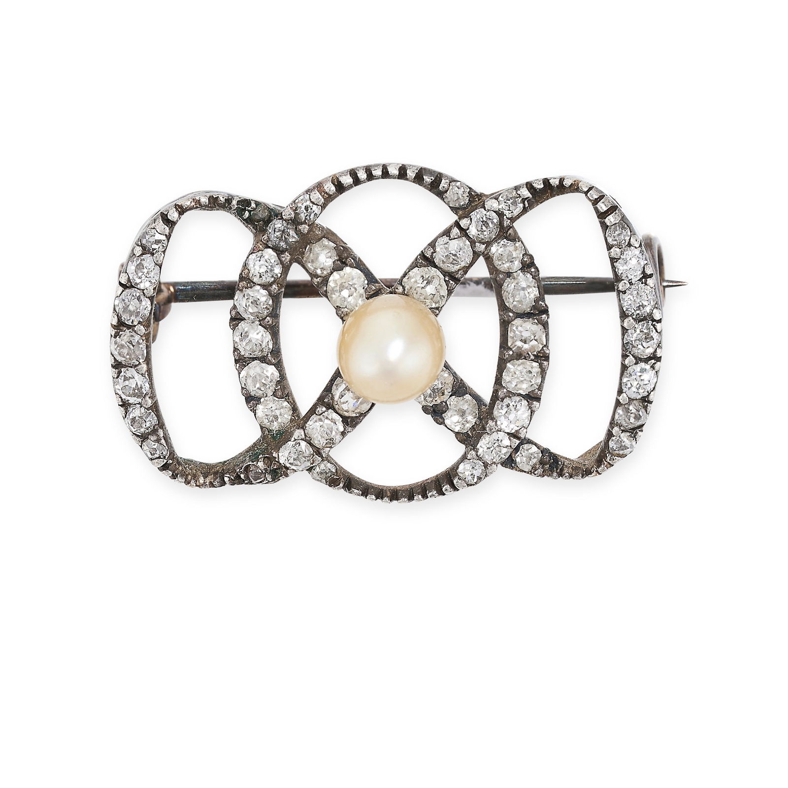 AN ANTIQUE PEARL AND DIAMOND BROOCH in yellow gold and silver, designed as a bow, set with a pearl (1 of 1)