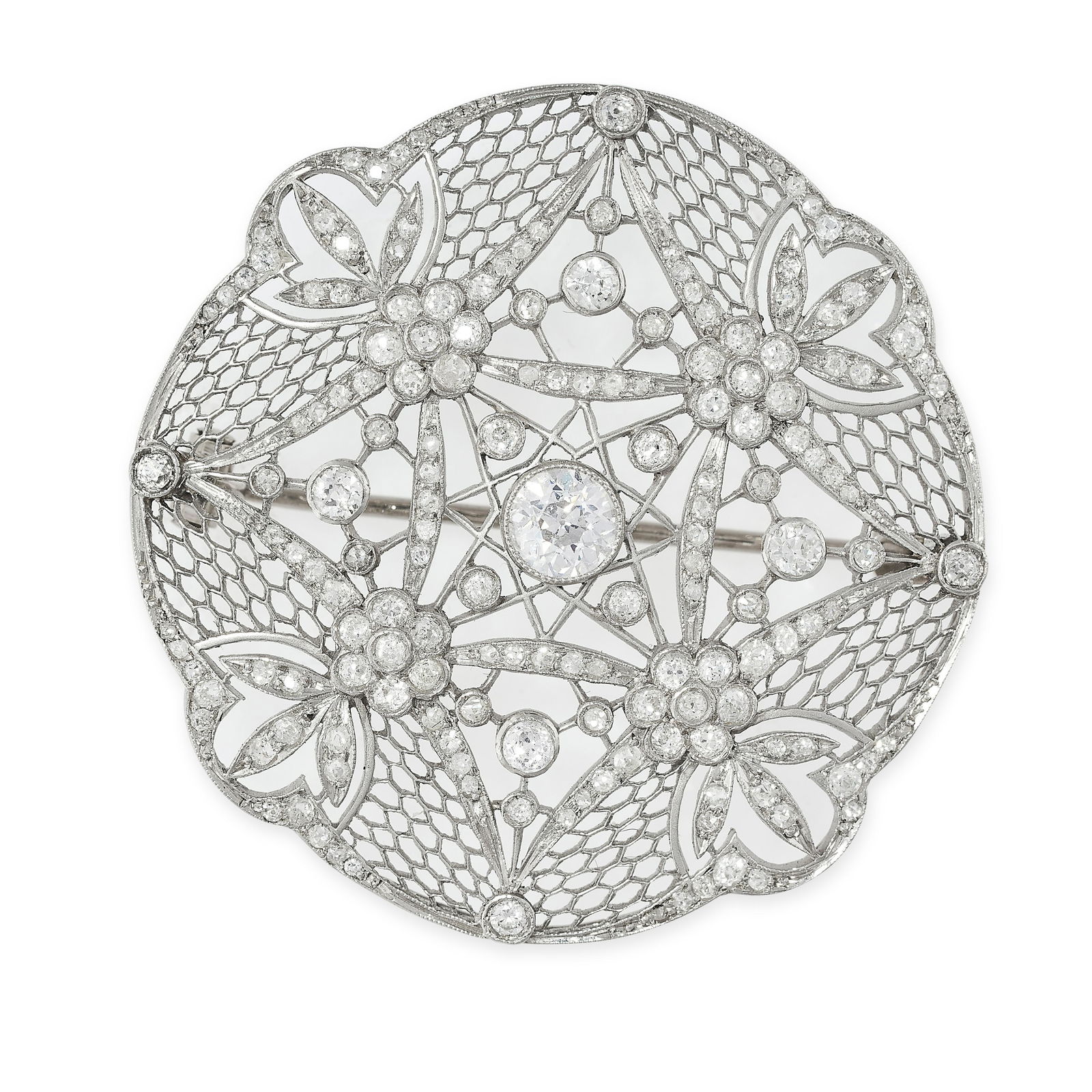 AN ANTIQUE BELLE EPOQUE DIAMOND BROOCH the circular open framework body with foliate and ribbon (1 of 1)
