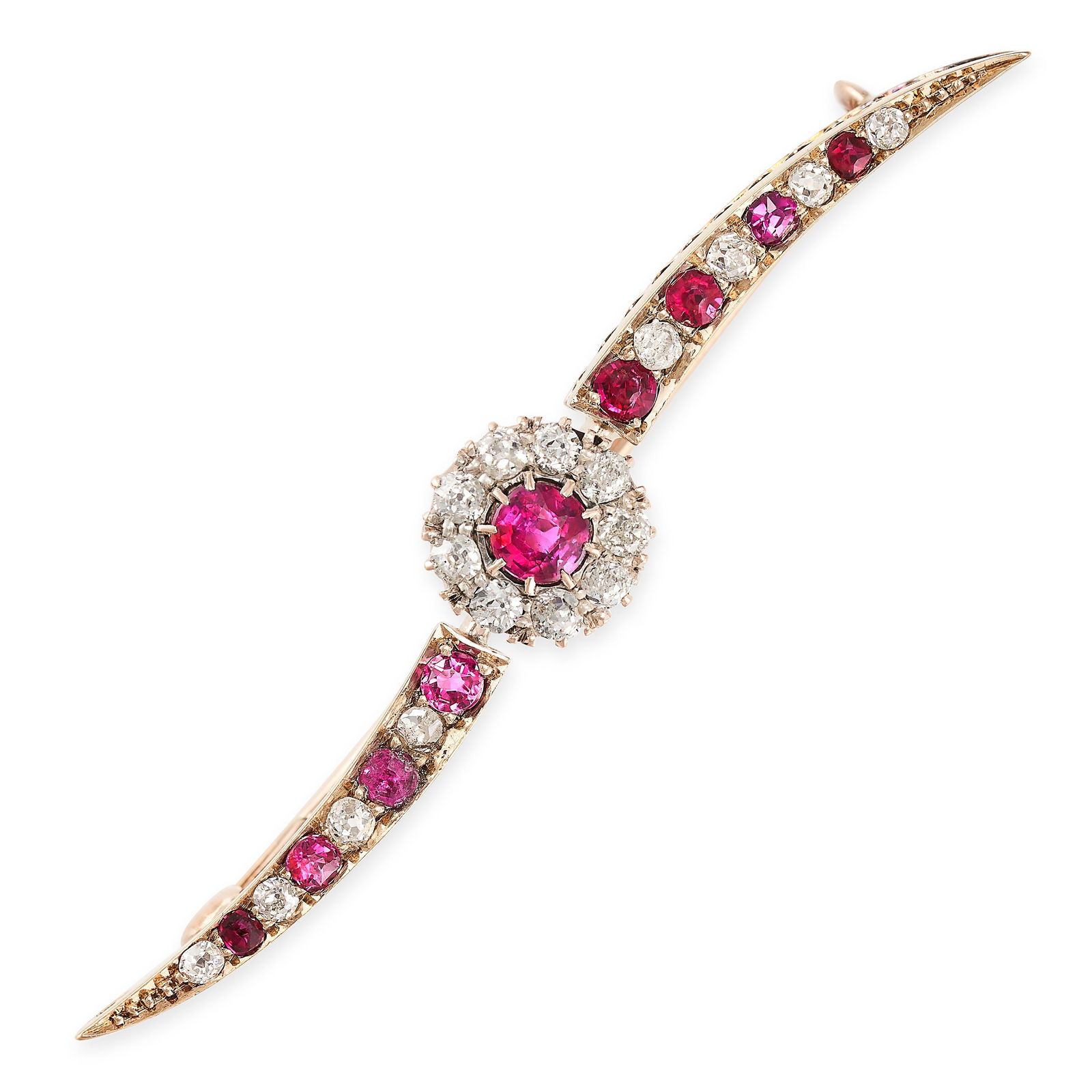 AN ANTIQUE RUBY AND DIAMOND BAR BROOCH in yellow gold, set with a cushion cut ruby within a border (1 of 1)