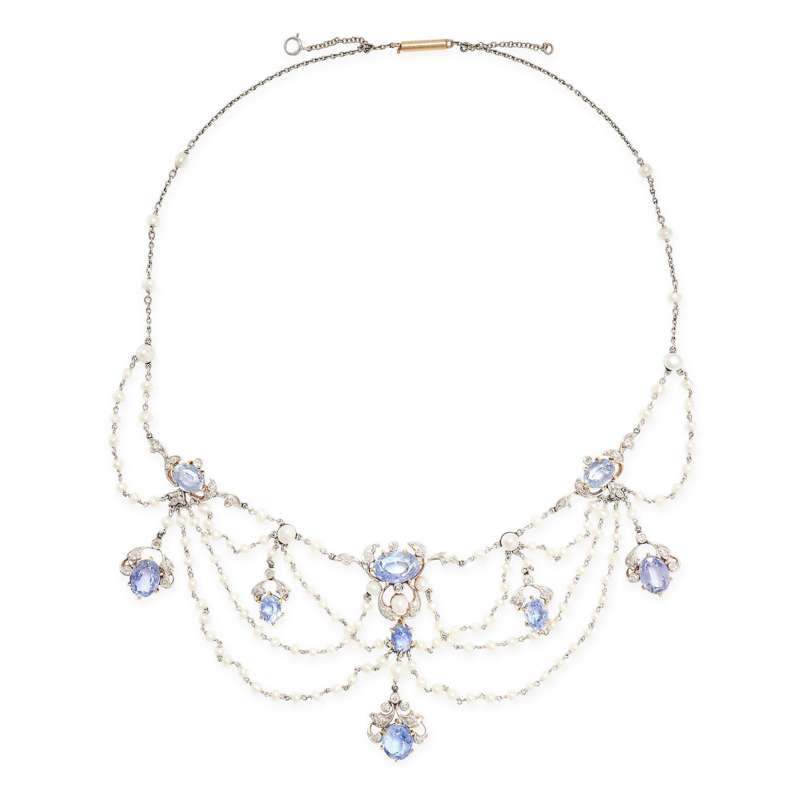 A FINE ART DECO CEYLON NO HEAT SAPPHIRE, DIAMOND AND PEARL NECKLACE, EARLY 20TH CENTURY in platinum (1 of 1)