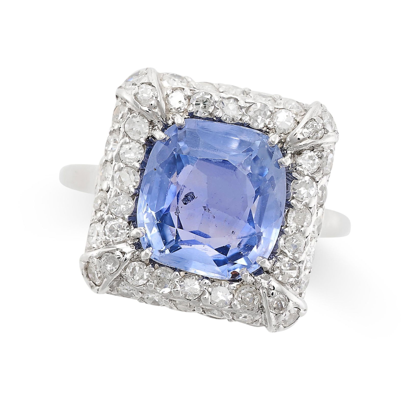 A BURMA NO HEAT SAPPHIRE AND DIAMOND RING set with a cushion cut sapphire of 4.40 carats within a (1 of 2)