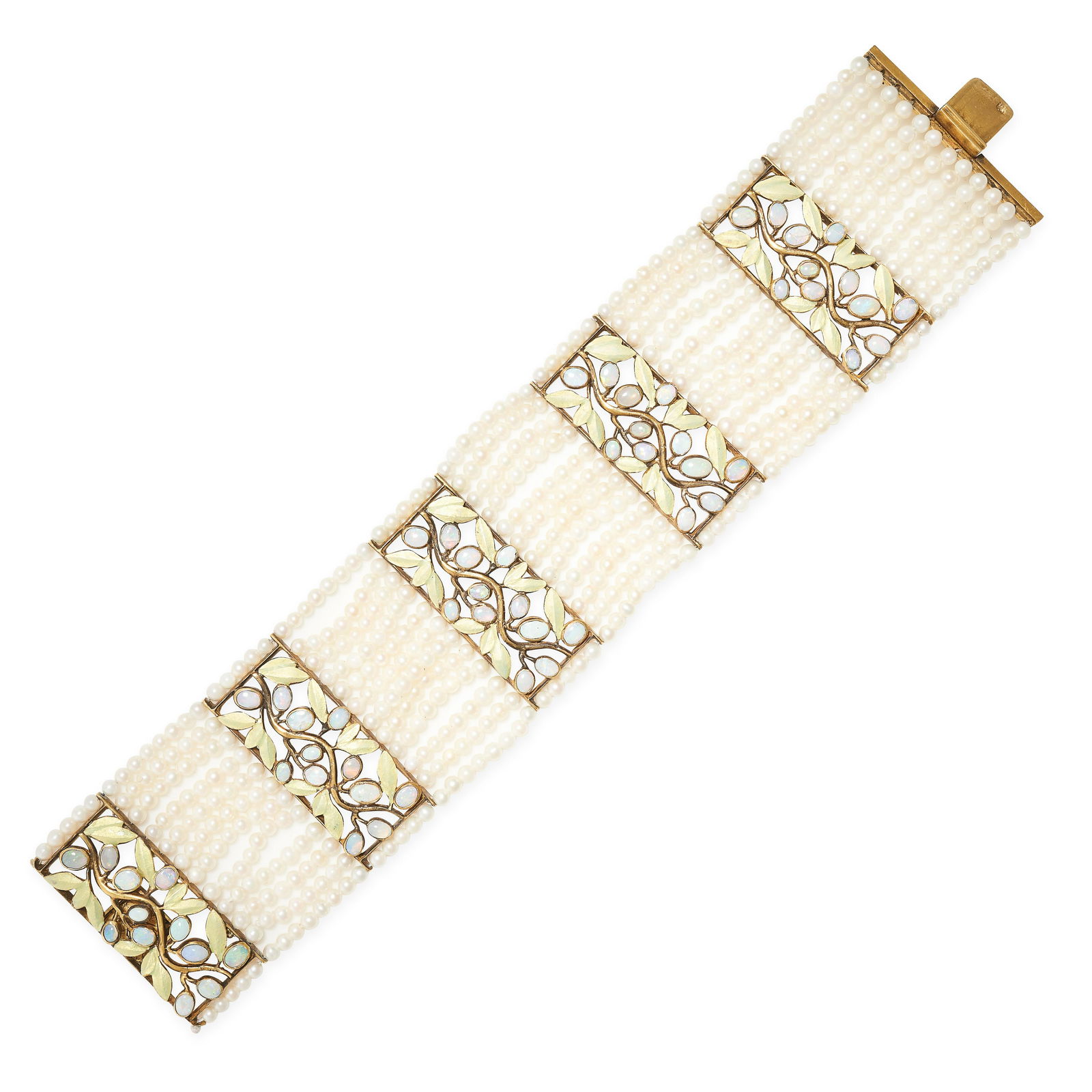 AN ART NOUVEAU PEARL, OPAL AND ENAMEL BRACELET in 14ct yellow gold, comprising twelve rows of pearls (1 of 1)