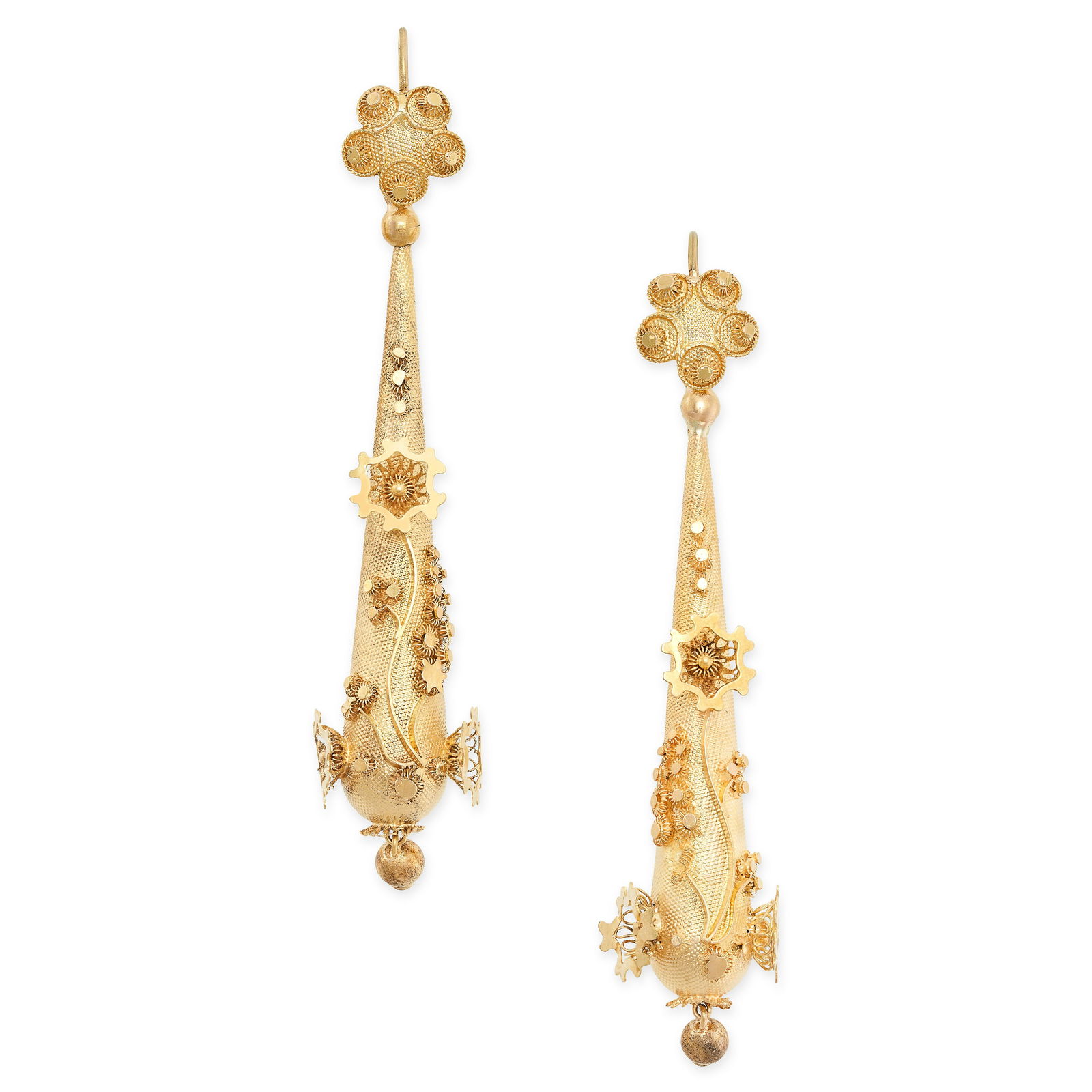 A PAIR OF ANTIQUE GOLD DROP EARRINGS, 19TH CENTURY in yellow gold, the tapering bodies with mesh (1 of 1)