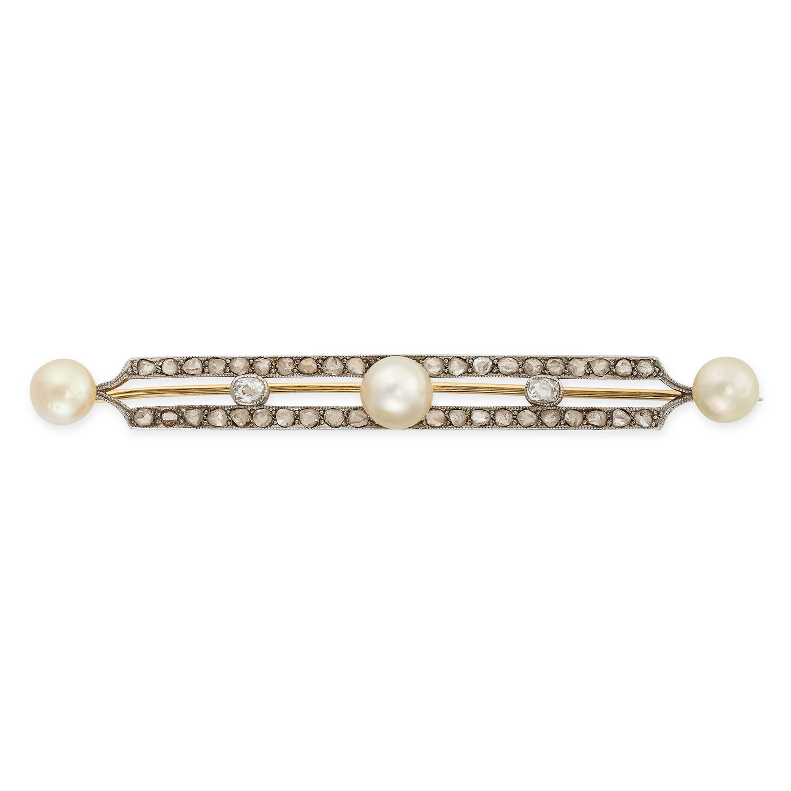 A DIAMOND AND PEARL BAR BROOCH in yellow gold and silver, set with three pearls, accented by rows of: A DIAMOND AND PEARL BAR BROOCH in yellow gold and silver, set with three pearls, accented by rows of old and rose cut diamonds, one diamond deficient, no assay marks, 7.5cm, 7.5g.