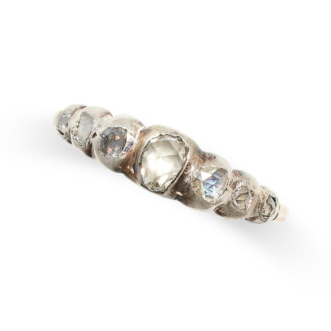 AN ANTIQUE GEORGIAN DIAMOND RING in yellow gold and silver, set with a row of rose cut diamonds, no (1 of 2)