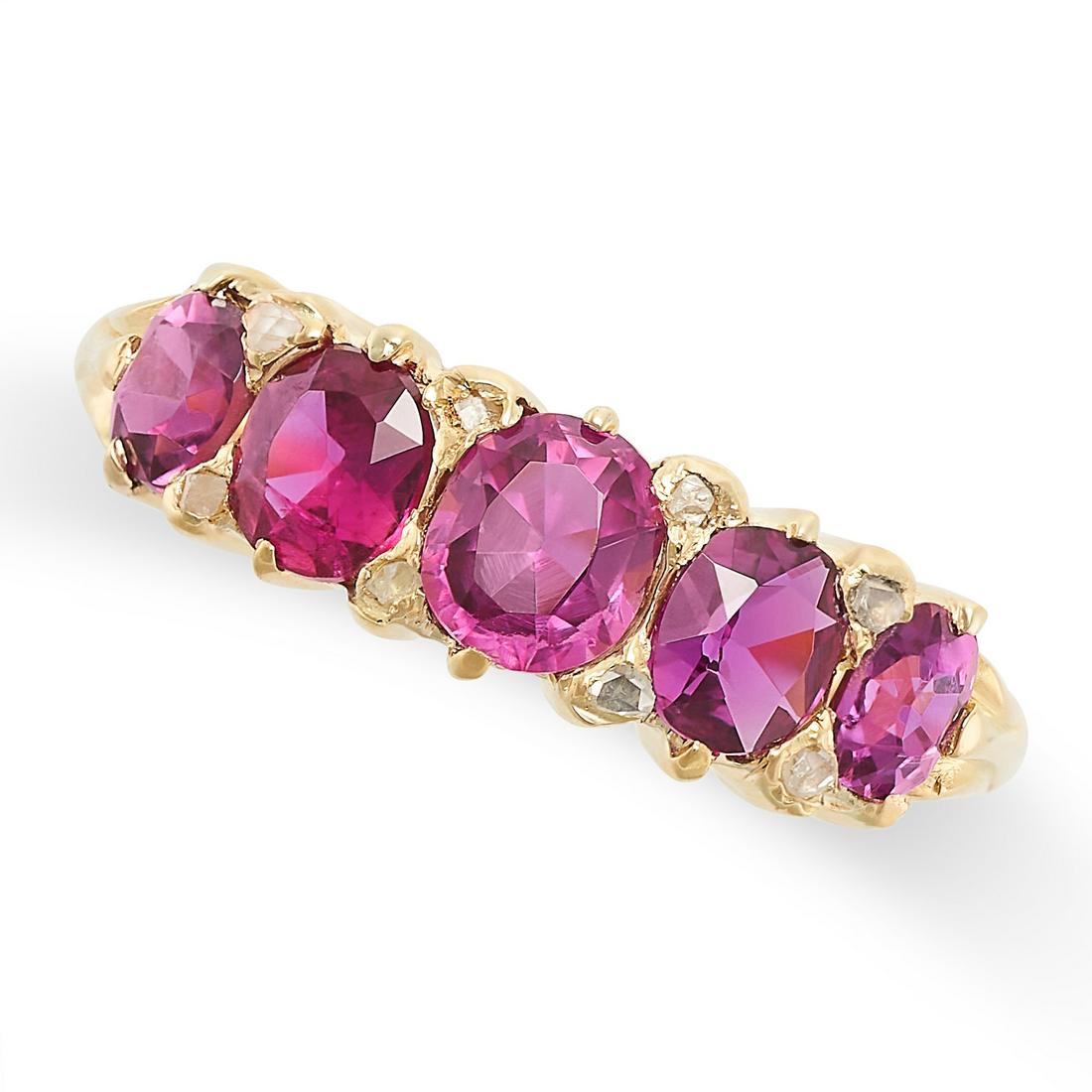 A VINTAGE RUBY AND DIAMOND FIVE STONE RING in 18ct yellow gold, set with five oval cut rubies (1 of 2)
