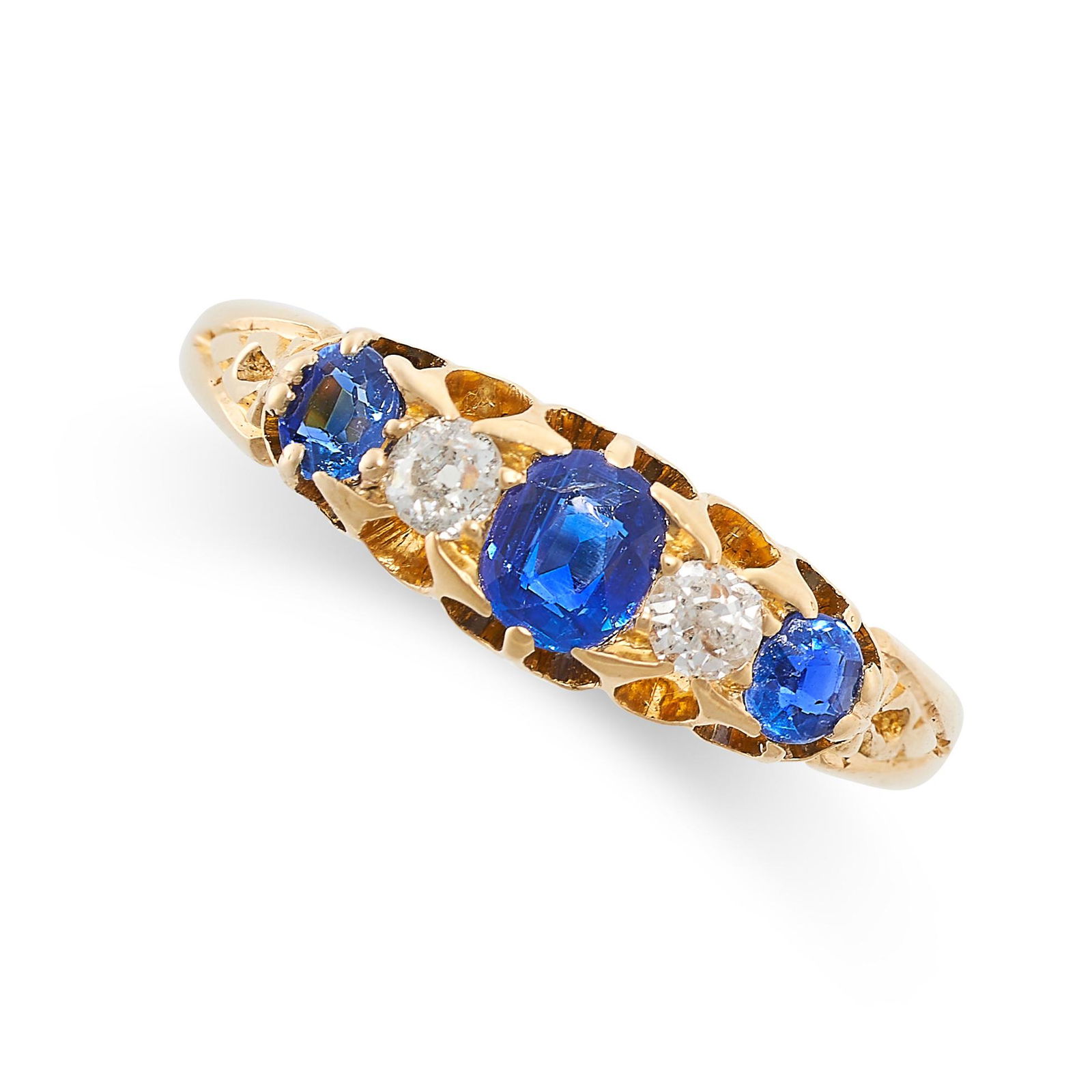 AN ANTIQUE VICTORIAN SAPPHIRE AND DIAMOND FIVE STONE RING, 1896 in 18ct yellow gold, set with three (1 of 2)