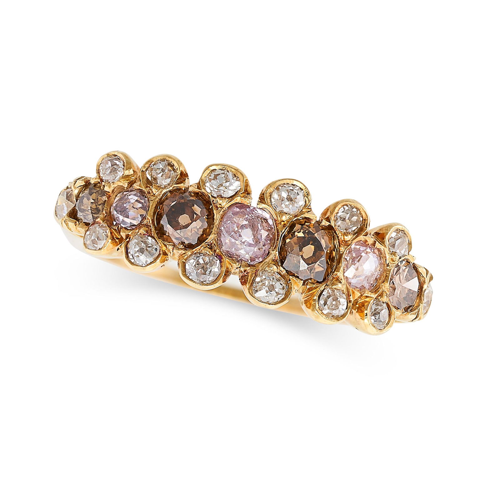 A PINK AND BROWN DIAMOND HALF ETERNITY RING in yellow gold, set with a row of alternating pink and (1 of 2)