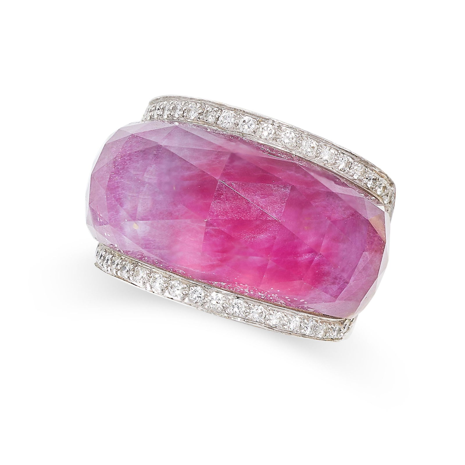 STEPHEN WEBSTER, A ROCK CRYSTAL, PINK HARDSTONE AND DIAMOND CRYSTAL HAZE RING in 18ct white gold,: STEPHEN WEBSTER, A ROCK CRYSTAL, PINK HARDSTONE AND DIAMOND CRYSTAL HAZE RING in 18ct white gold, set with a slice of pink hardstone beneath a faceted rock crystal dome, accented by round brilliant cu